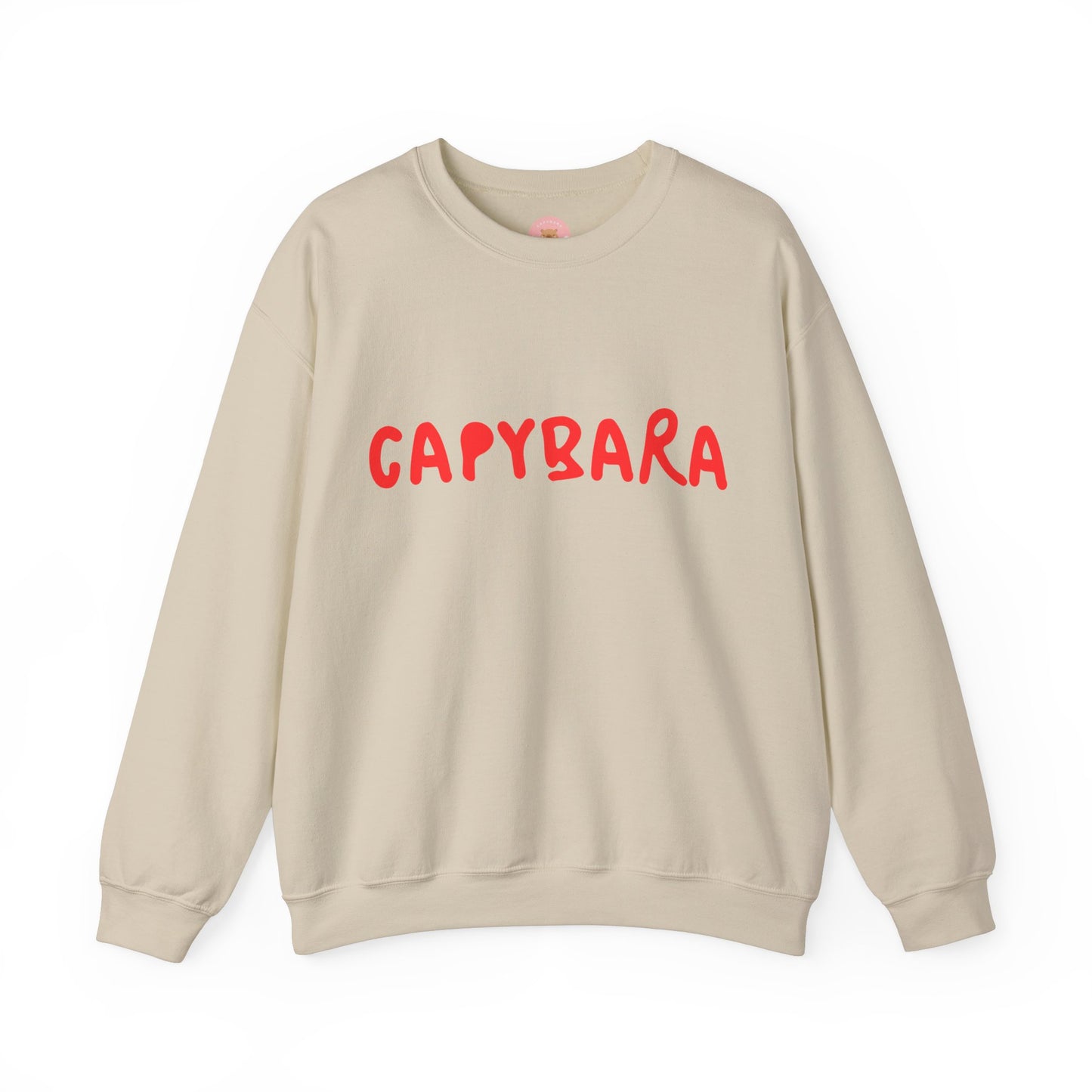 Capybara crewneck sweatshirt features the playful plain text design of CAPYBARA. It offers a comfy wearing experience with a classic fit and crew neckline. Perfect for colder months, this sweatshirt is ideal for those who love unique and chill designs. The target audience includes individuals who enjoy cozy apparel with a touch of personality. Relevant for holidays, casual gatherings, and everyday wear.