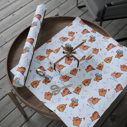 Capybara Birthday Gift Wrapping Paper (Light Blue)