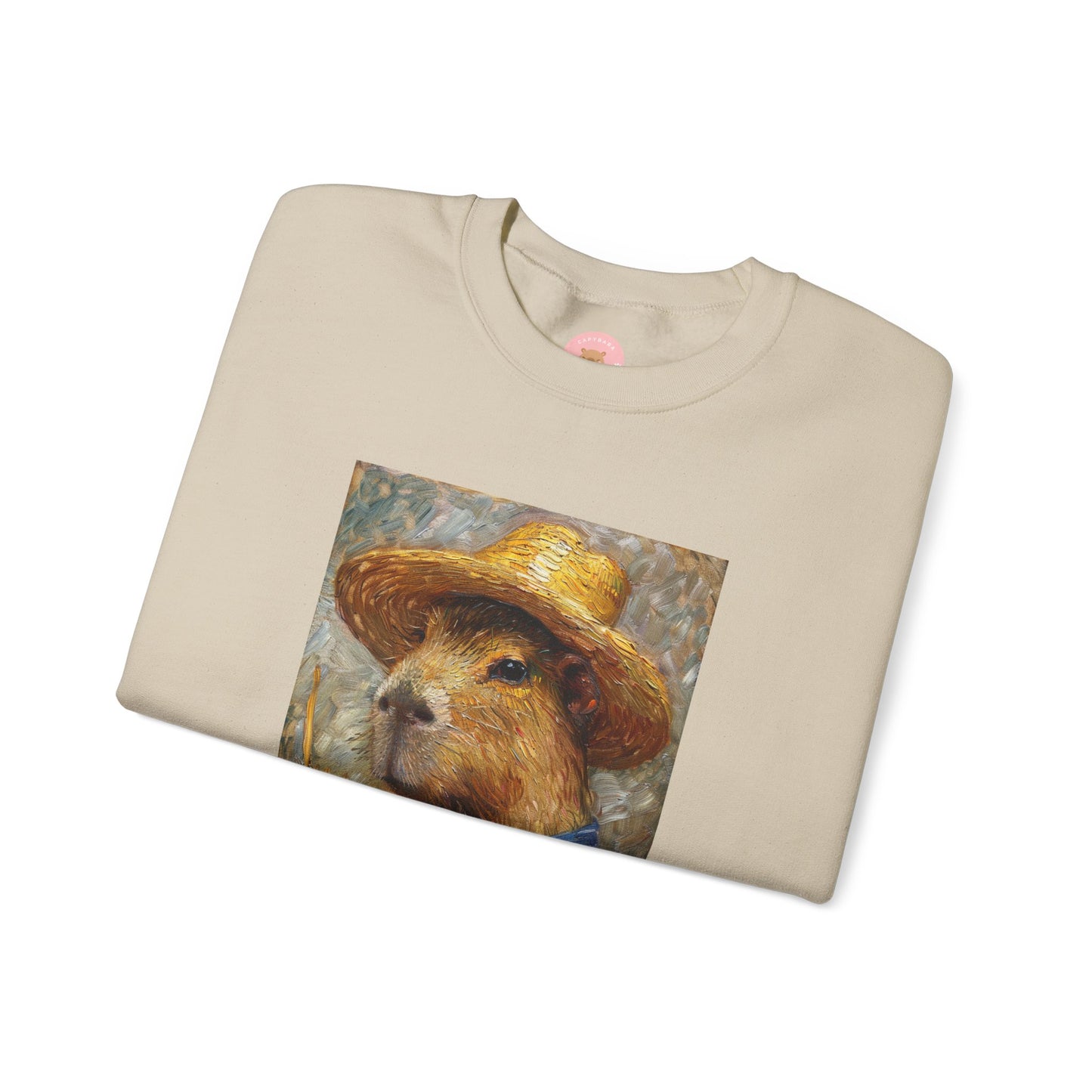 Capy de Van Gogh Capybara sweatshirt features a painting inspired by Van Gogh's Self-Portrait with Straw Hat. It's a fun twist for capybara lovers and art enthusiasts, giving off a whimsical and artistic vibe. Perfect for those who appreciate unique and creative designs, this sweatshirt is relevant for art lovers, animal enthusiasts, and those looking for a quirky addition to their wardrobe. Ideal for gifting during birthdays, Christmas, or any special occasion.
