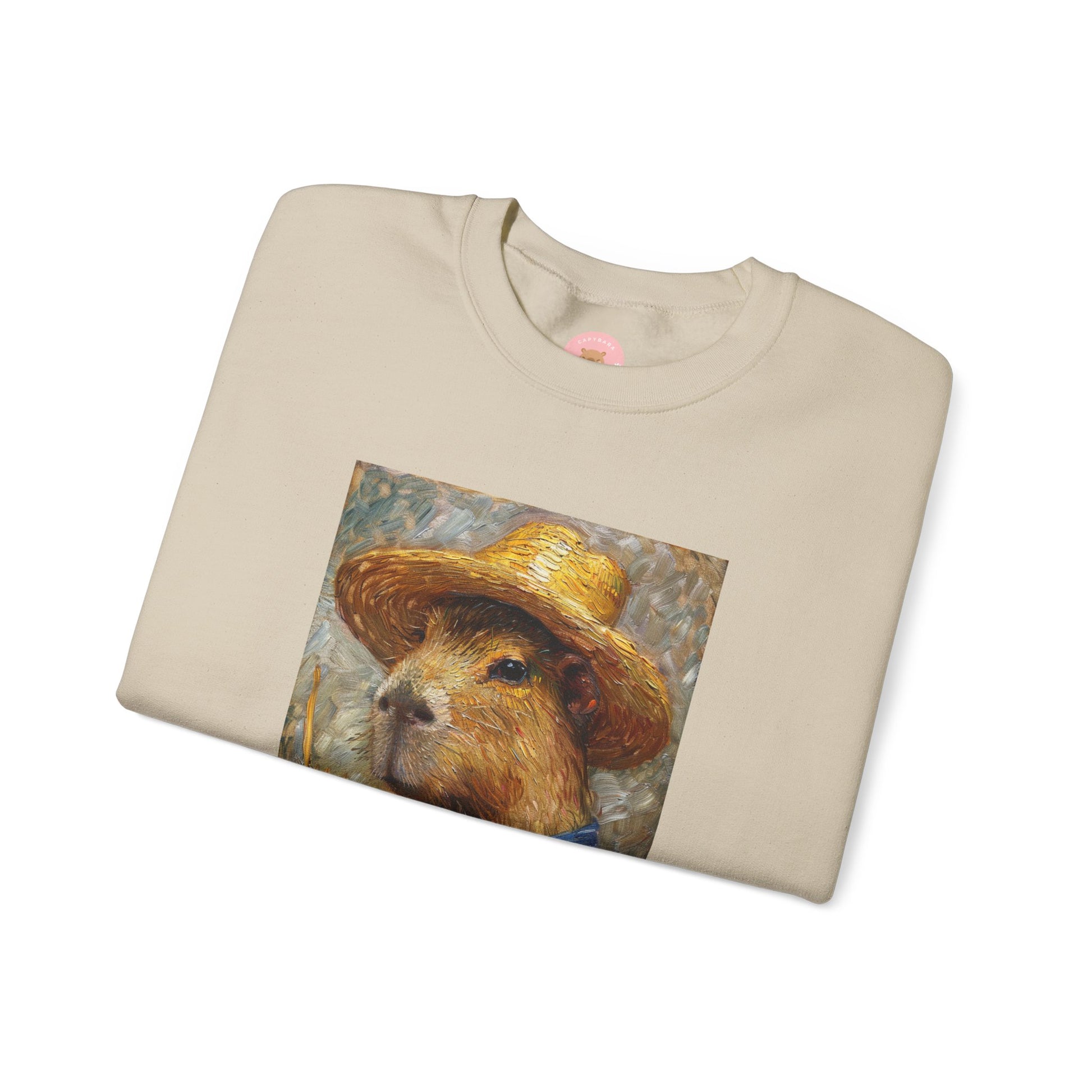 Capy de Van Gogh Capybara sweatshirt features a painting inspired by Van Gogh's Self-Portrait with Straw Hat. It's a fun twist for capybara lovers and art enthusiasts, giving off a whimsical and artistic vibe. Perfect for those who appreciate unique and creative designs, this sweatshirt is relevant for art lovers, animal enthusiasts, and those looking for a quirky addition to their wardrobe. Ideal for gifting during birthdays, Christmas, or any special occasion.