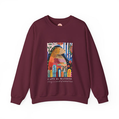A cozy and stylish sweatshirt featuring a graphic of a painting inspired by artist Henri Matisse, with a capybara hidden within. Perfect for art lovers and capybara enthusiasts, this sweatshirt is ideal for colder months and provides a comfy fit with its classic crew neckline. Great for anyone looking to add a touch of artistic flair to their wardrobe.
