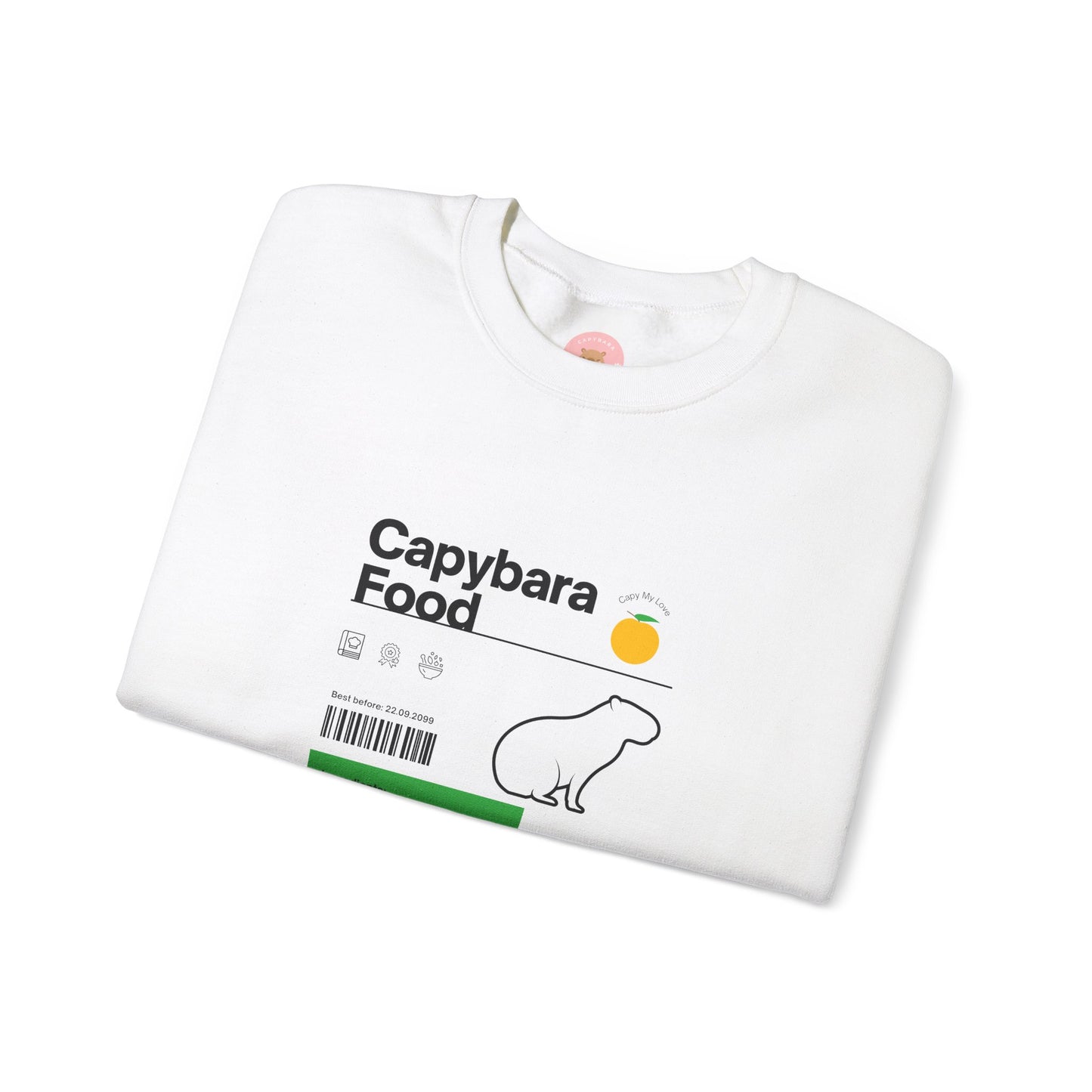 Capybara food label sweatshirt  featuring a capybara food label design with ingredients like fresh grasses, water plants, reeds, grains, and melon - perfect for capybara lovers.