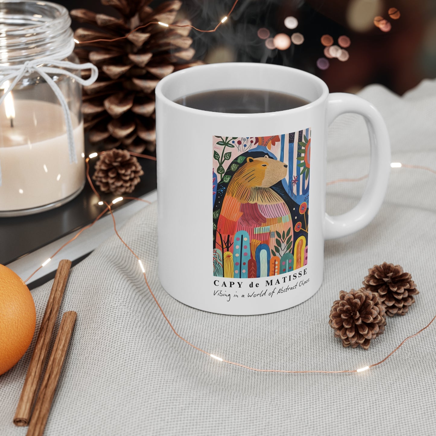 Capy de Matisse Capybara ceramic mug featuring a painting inspired by artist Henri Matisse, with a elegant capybara. Perfect for art lovers and capybara enthusiasts, creating a vibe of abstract chaos. Ideal for cozy mornings or artistic tea breaks. Relevant for art enthusiasts, animal lovers, and those who appreciate unique designs. Perfect for gifting on birthdays, Christmas, or as a thank you present.
