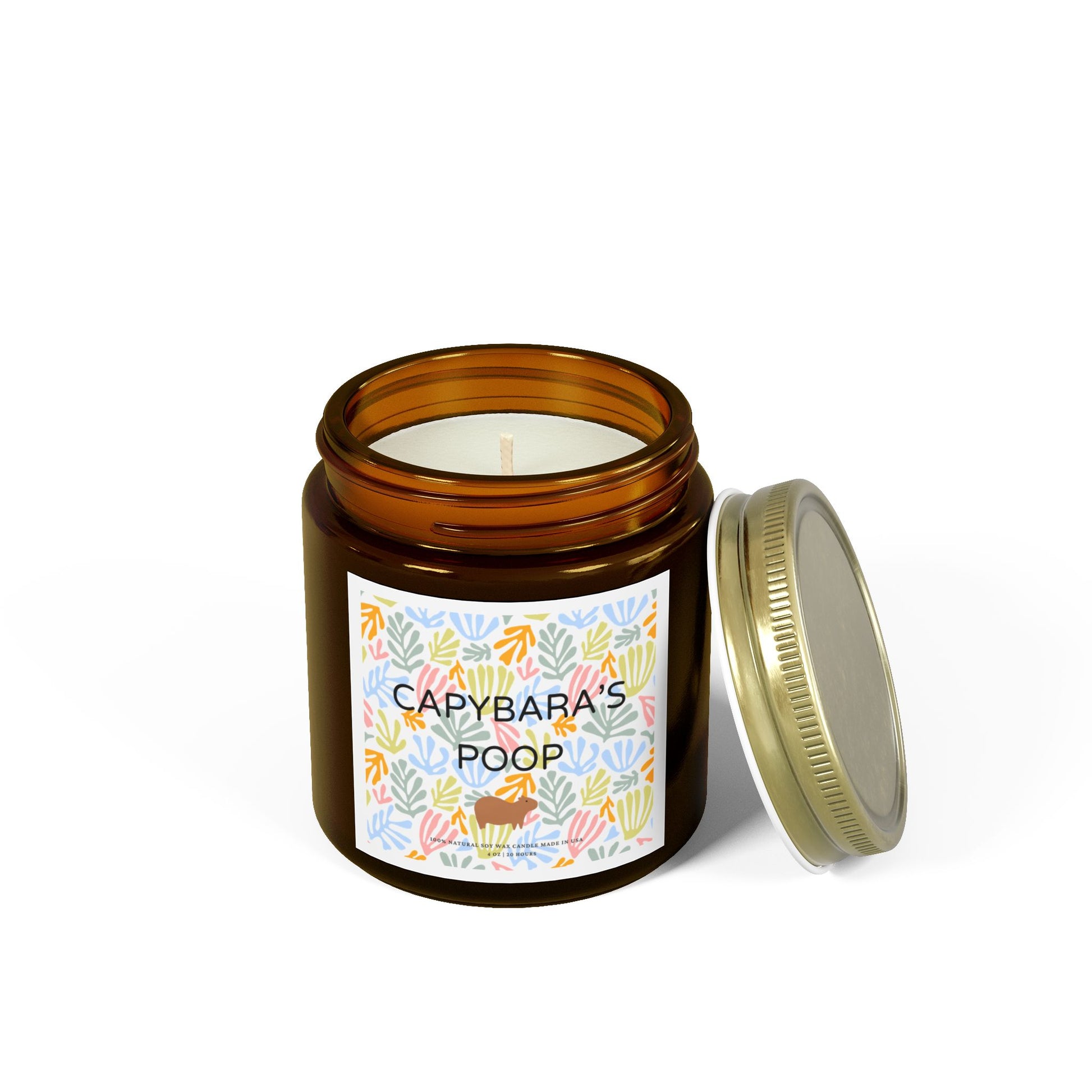 Funny candle gift with CAPYBARAS POOP label in Matisse style. Each candle is scented with Midnight Blackberry, Lavender, Fraser Fir, Cinnamon Chai, Cashmere Musk, Beachwood, Mango Coconut, and Vanilla Bean fragrances, offering up to 20 hours of burn time. Made with natural Coconut Apricot Wax in the USA, eco-friendly and non-toxic.