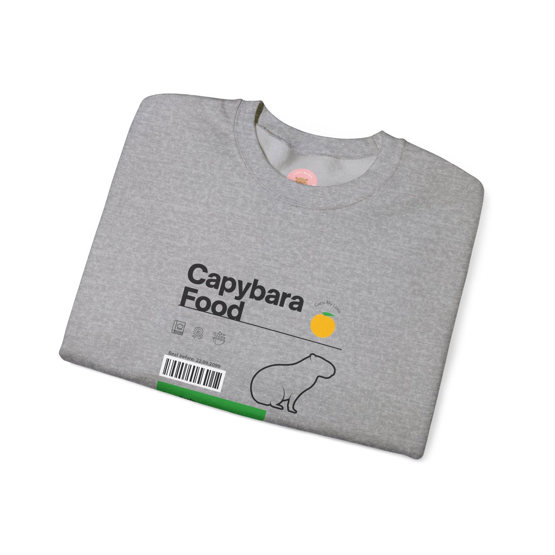 Capybara food label sweatshirt  featuring a capybara food label design with ingredients like fresh grasses, water plants, reeds, grains, and melon - perfect for capybara lovers.