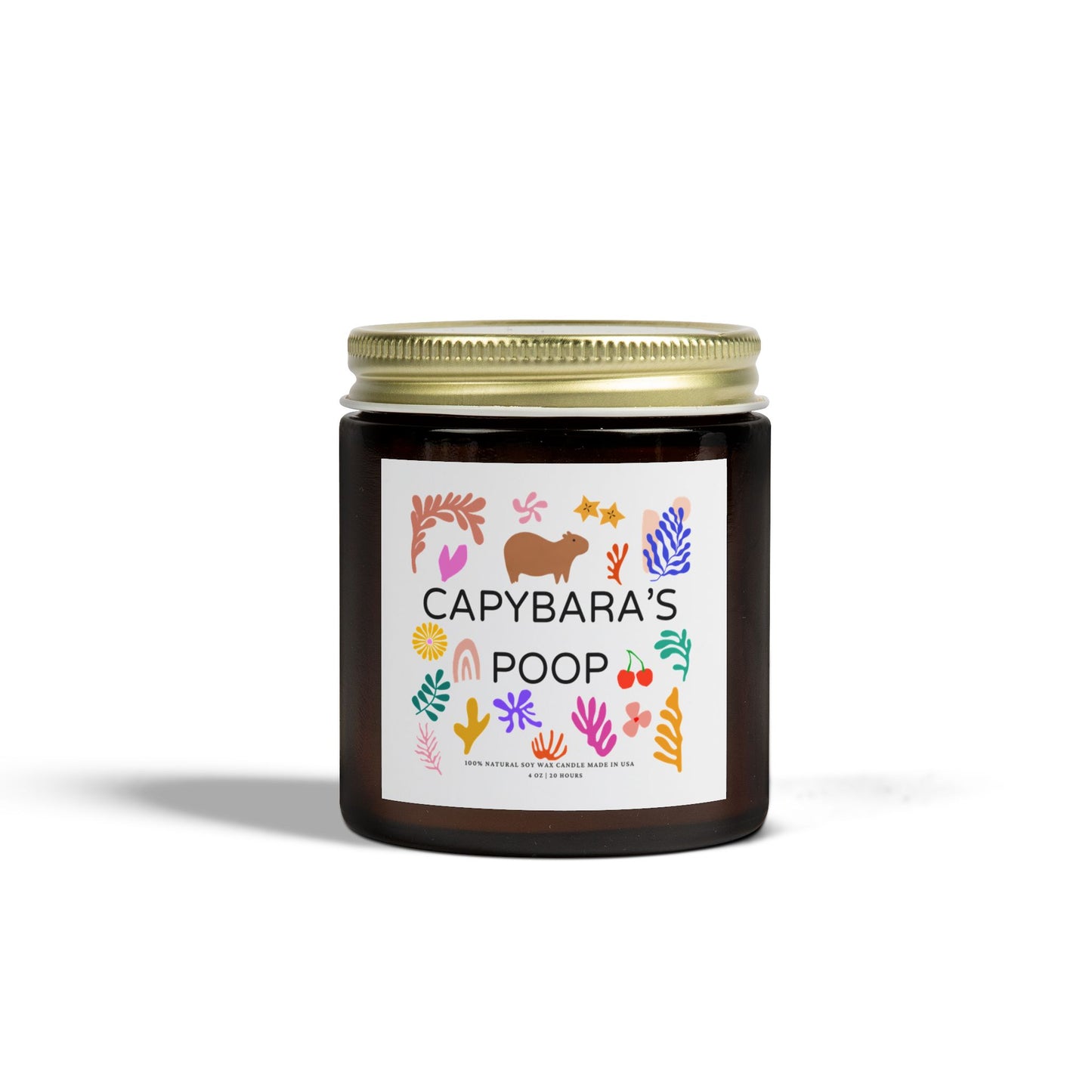 Funny candle gift with CAPYBARAS POOP label in Matisse style. Each candle is scented with Midnight Blackberry, Lavender, Fraser Fir, Cinnamon Chai, Cashmere Musk, Beachwood, Mango Coconut, and Vanilla Bean fragrances, offering up to 20 hours of burn time. Made with natural Coconut Apricot Wax in the USA, eco-friendly and non-toxic.