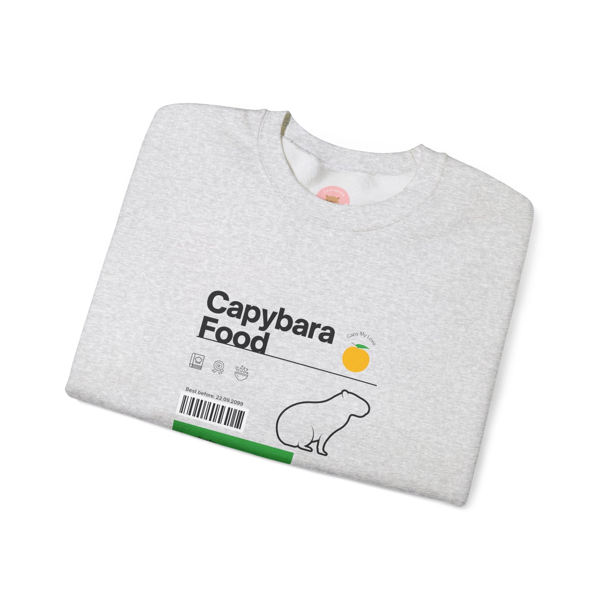 Capybara food label sweatshirt  featuring a capybara food label design with ingredients like fresh grasses, water plants, reeds, grains, and melon - perfect for capybara lovers.