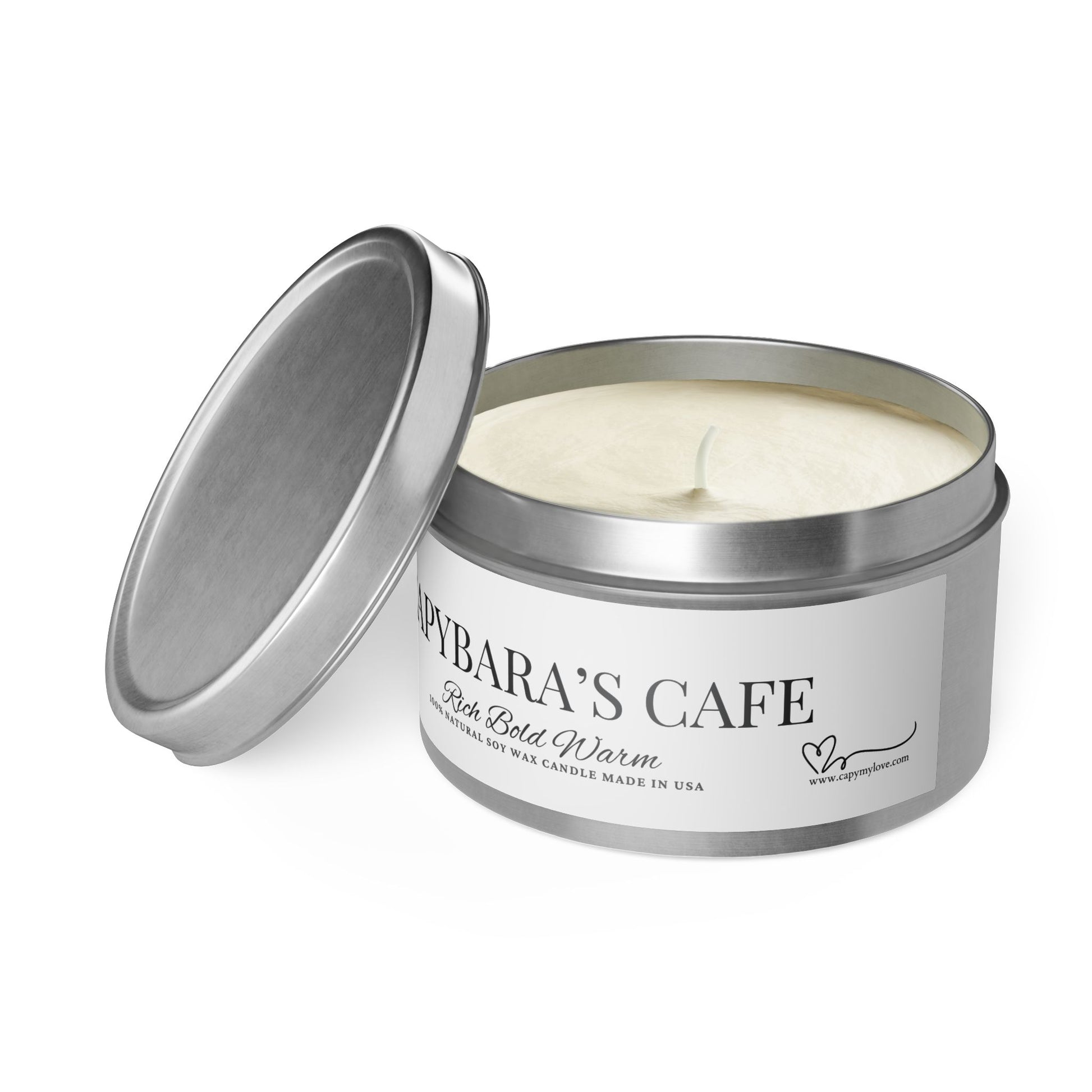 Scented Tin Candles - CAPYBARAS CAFE - 
coffee scent, 
Eco-friendly, natural, hand-poured coconut soy wax in a tin-plated steel vessel
Lead and zinc-free cotton wick
Choose between 3 tin colors
Average burn time: 20 hours (4oz), 40 hours (8oz)