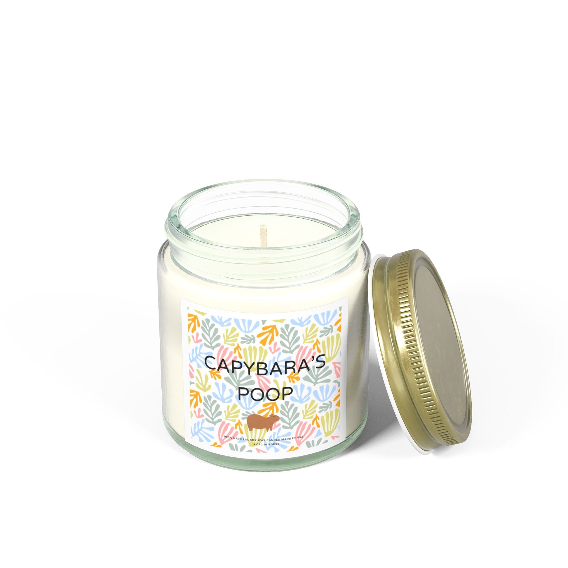 Funny candle gift with CAPYBARAS POOP label in Matisse style. Each candle is scented with Midnight Blackberry, Lavender, Fraser Fir, Cinnamon Chai, Cashmere Musk, Beachwood, Mango Coconut, and Vanilla Bean fragrances, offering up to 20 hours of burn time. Made with natural Coconut Apricot Wax in the USA, eco-friendly and non-toxic.