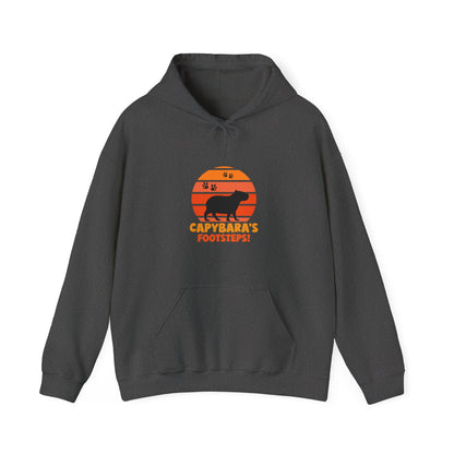 Capybara Footsteps hooded sweatshirt. This hoodies is perfect for those who love for animal lovers and those who appreciate a whimsical touh in their wardrobe.