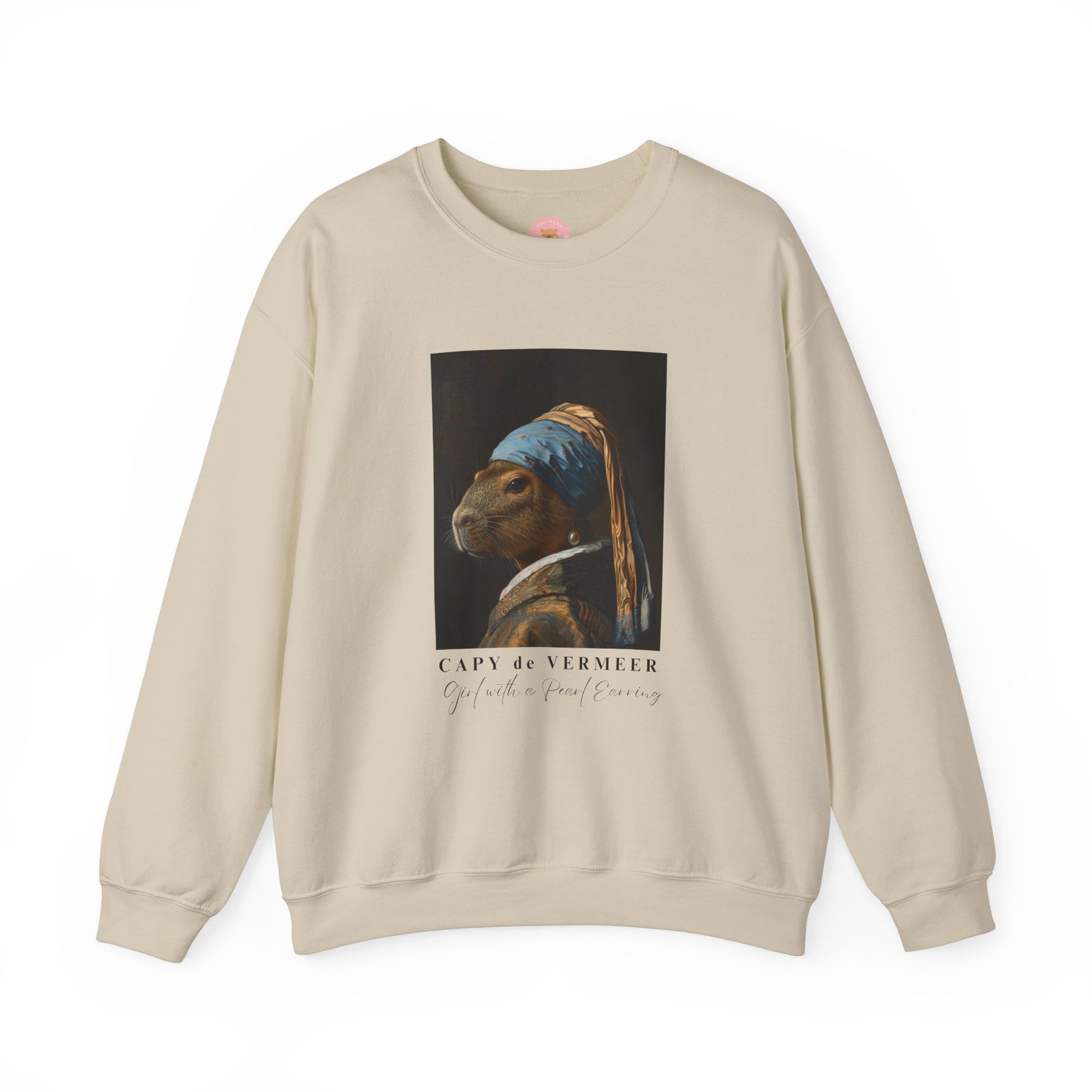 Capy de Vermeer Capybara sweatshirt features a painting inspired by VERMEER's famous painting - A Girl With A Pearl Earring. It's a fun twist for capybara lovers and art enthusiasts, giving off a whimsical and artistic vibe. Perfect for those who appreciate unique and creative designs, this sweatshirt is relevant for art lovers, animal enthusiasts, and those looking for a quirky addition to their wardrobe. Ideal for gifting during birthdays, Christmas, or any special occasion.