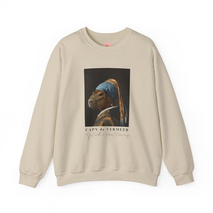 Capy de Vermeer Capybara sweatshirt features a painting inspired by VERMEER's famous painting - A Girl With A Pearl Earring. It's a fun twist for capybara lovers and art enthusiasts, giving off a whimsical and artistic vibe. Perfect for those who appreciate unique and creative designs, this sweatshirt is relevant for art lovers, animal enthusiasts, and those looking for a quirky addition to their wardrobe. Ideal for gifting during birthdays, Christmas, or any special occasion.