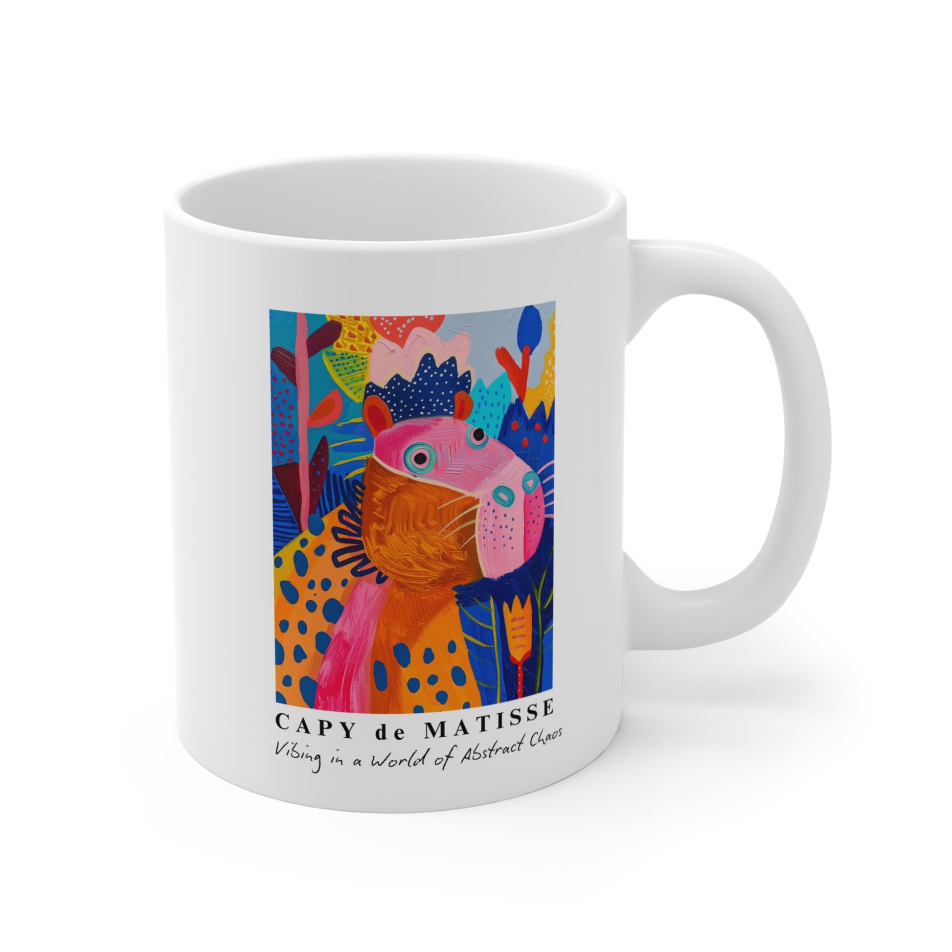 Cute Capybara ceramic mug featuring a painting inspired by artist Henri Matisse, with a silly capybara. Perfect for art lovers and capybara enthusiasts, creating a vibe of abstract chaos. Ideal for cozy mornings or artistic tea breaks. Relevant for art enthusiasts, animal lovers, and those who appreciate unique designs. Perfect for gifting on birthdays, Christmas, or as a thank you present.