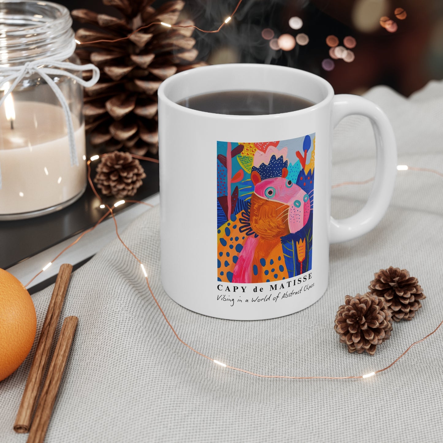 Cute Capybara ceramic mug featuring a painting inspired by artist Henri Matisse, with a silly capybara. Perfect for art lovers and capybara enthusiasts, creating a vibe of abstract chaos. Ideal for cozy mornings or artistic tea breaks. Relevant for art enthusiasts, animal lovers, and those who appreciate unique designs. Perfect for gifting on birthdays, Christmas, or as a thank you present.