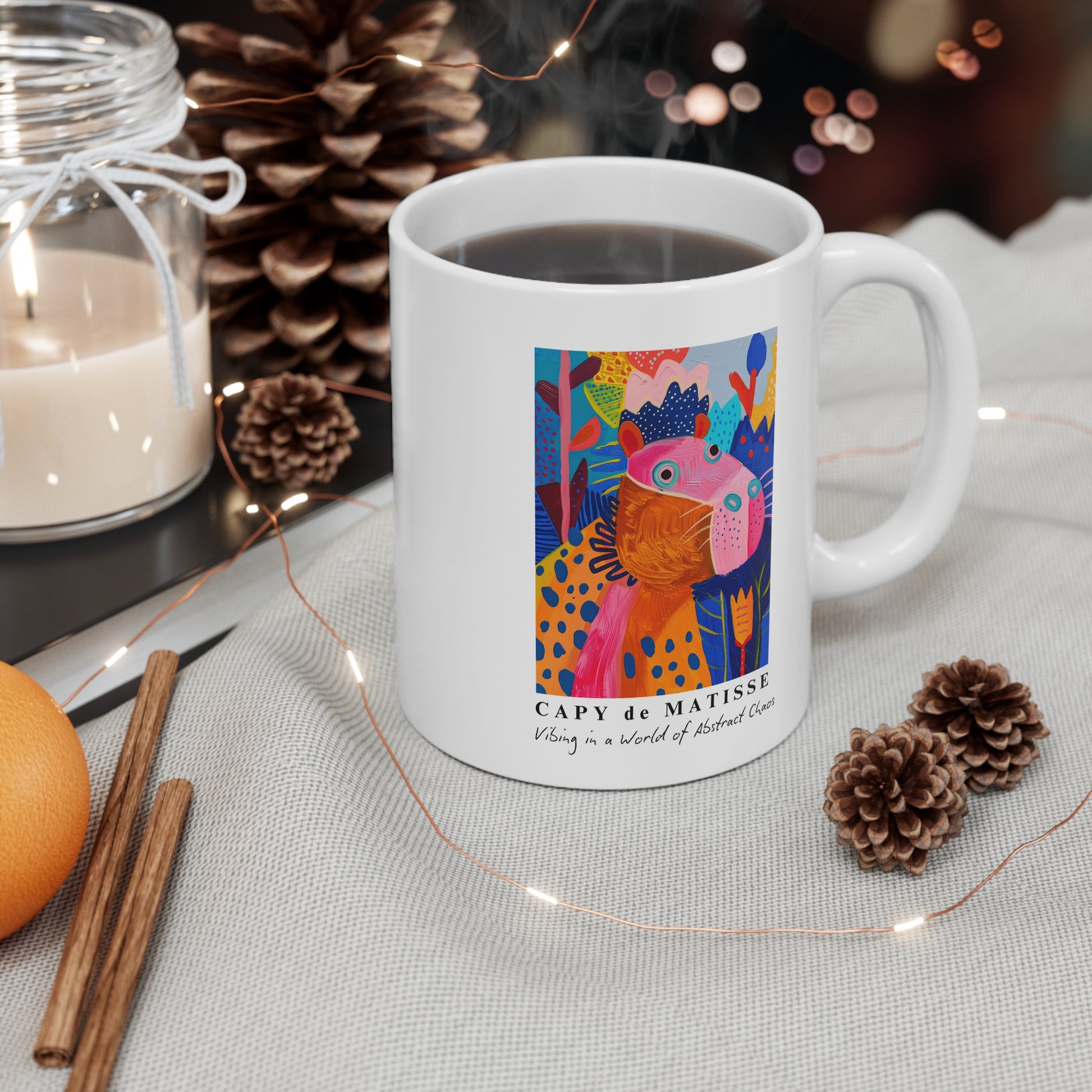 Cute Capybara ceramic mug featuring a painting inspired by artist Henri Matisse, with a silly capybara. Perfect for art lovers and capybara enthusiasts, creating a vibe of abstract chaos. Ideal for cozy mornings or artistic tea breaks. Relevant for art enthusiasts, animal lovers, and those who appreciate unique designs. Perfect for gifting on birthdays, Christmas, or as a thank you present.