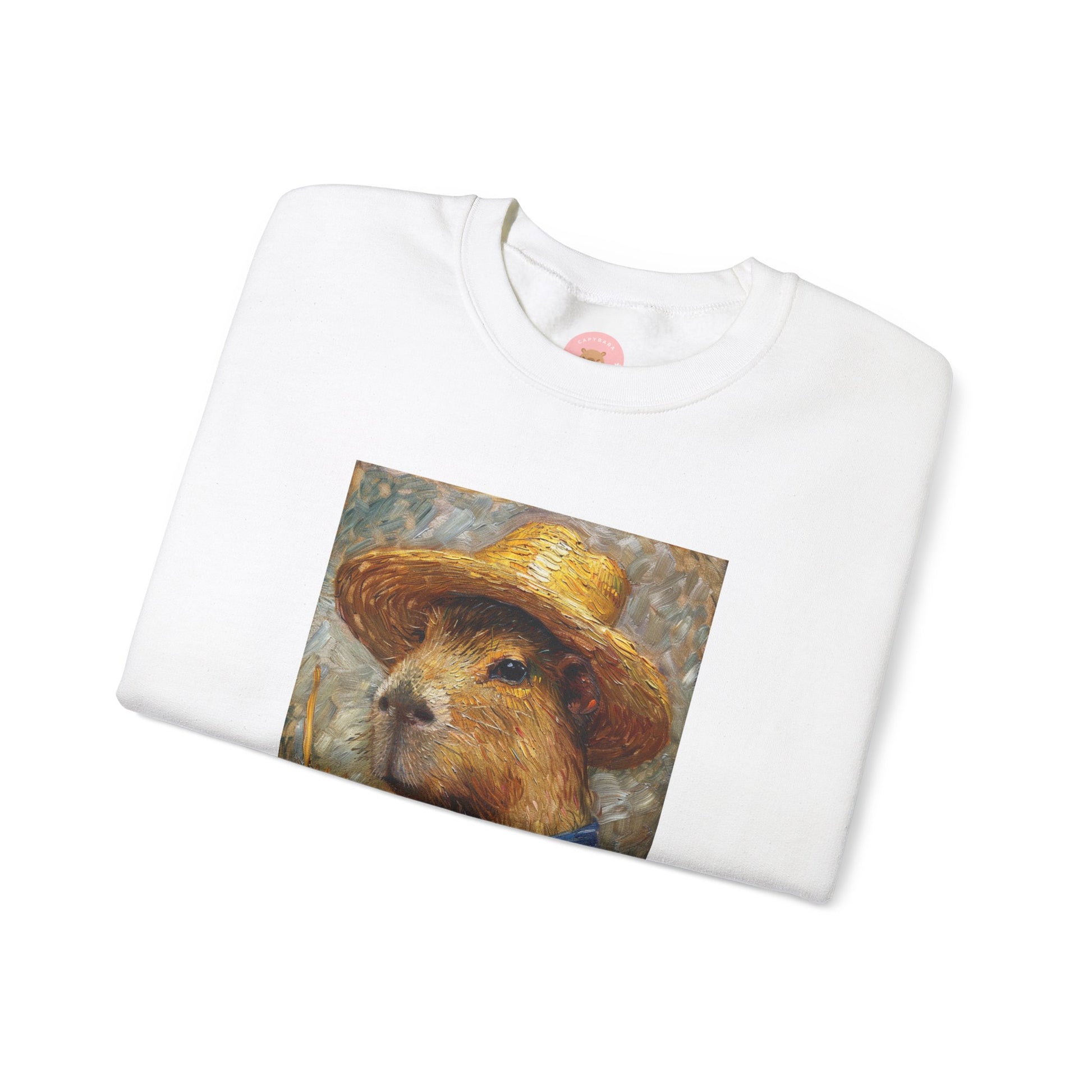 Capy de Van Gogh Capybara sweatshirt features a painting inspired by Van Gogh's Self-Portrait with Straw Hat. It's a fun twist for capybara lovers and art enthusiasts, giving off a whimsical and artistic vibe. Perfect for those who appreciate unique and creative designs, this sweatshirt is relevant for art lovers, animal enthusiasts, and those looking for a quirky addition to their wardrobe. Ideal for gifting during birthdays, Christmas, or any special occasion.