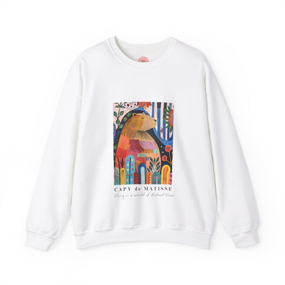 A cozy and stylish sweatshirt featuring a graphic of a painting inspired by artist Henri Matisse, with a capybara hidden within. Perfect for art lovers and capybara enthusiasts, this sweatshirt is ideal for colder months and provides a comfy fit with its classic crew neckline. Great for anyone looking to add a touch of artistic flair to their wardrobe.

