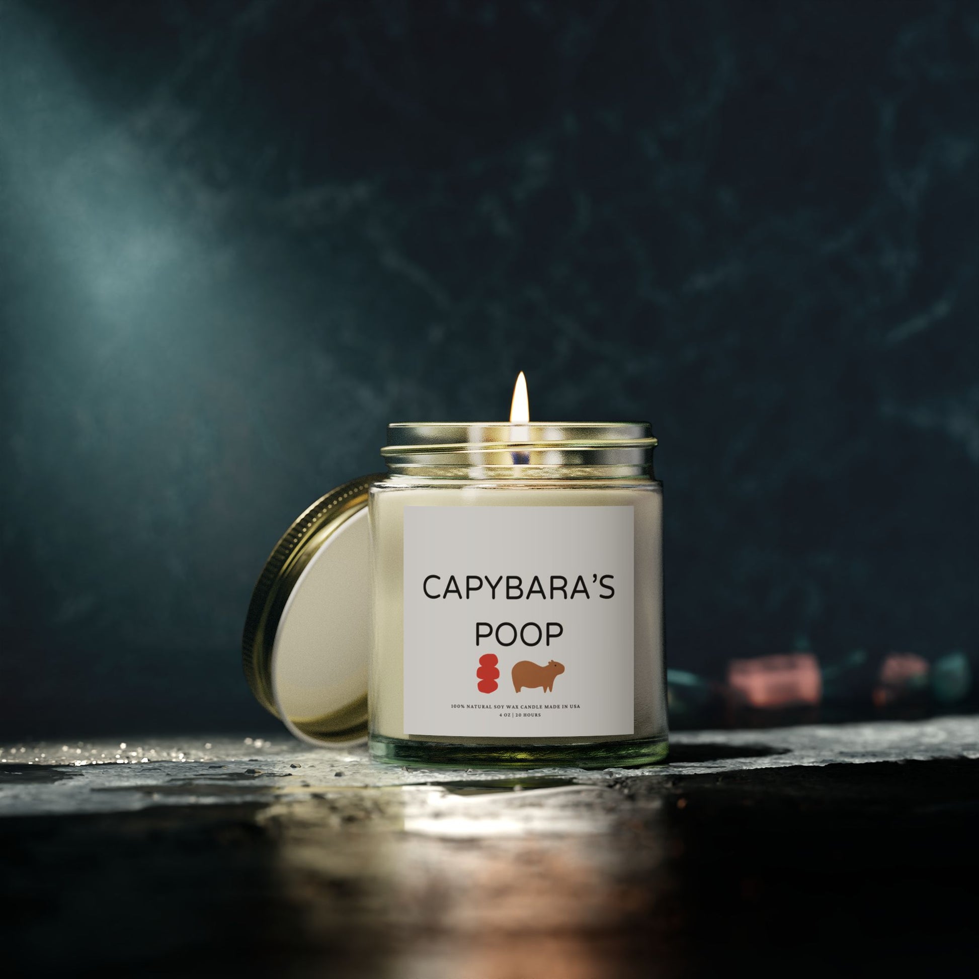 Funny candle gift with CAPYBARAS POOP label in simple style. Each candle is scented with Midnight Blackberry, Lavender, Fraser Fir, Cinnamon Chai, Cashmere Musk, Beachwood, Mango Coconut, and Vanilla Bean fragrances, offering up to 20 hours of burn time. Made with natural Coconut Apricot Wax in the USA, eco-friendly and non-toxic.
