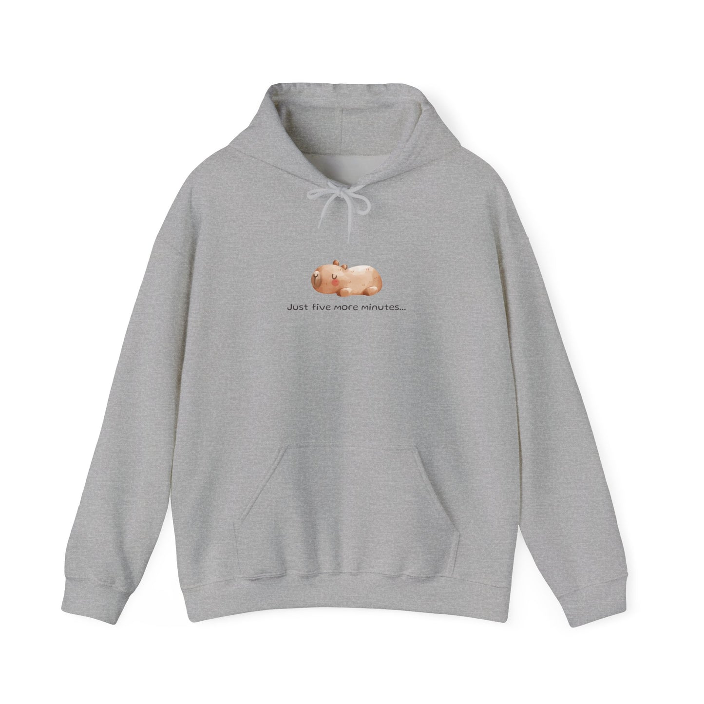 Just Five More Minutes...Capybara Unisex Hooded Sweatshirt is made for the ultimate snoozer! Featuring a relaxed capybara graphic, this cozy hoodie perfectly captures those lazy mornings when you just need a little more time. Soft, warm, and perfect for everyday wear, it’s the ideal companion for staying comfy and showing off your love for capybaras and chill vibes!