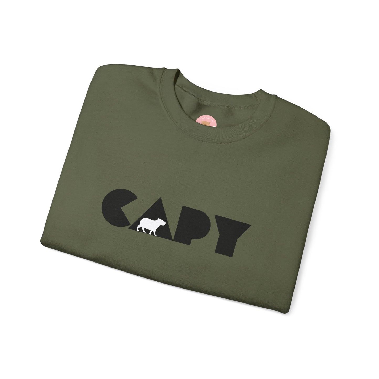 Capybara sweatshirt features the stylish plain text design of the word CAPY with a capybara graphic embedded. It offers a comfy wearing experience with a classic fit and crew neckline. Perfect for colder months, this sweatshirt is ideal for those who love unique and chill designs. The target audience includes individuals who enjoy cozy apparel with a touch of personality. Relevant for holidays, casual gatherings, and everyday wear.
