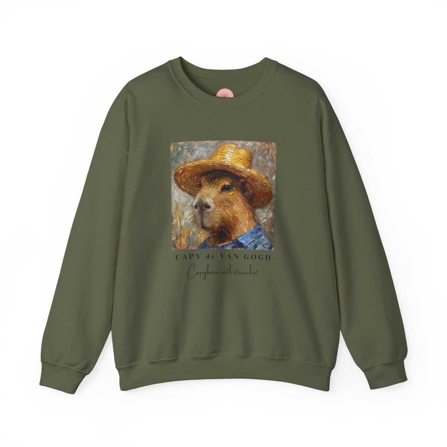 Capy de Van Gogh Capybara sweatshirt features a painting inspired by Van Gogh's Self-Portrait with Straw Hat. It's a fun twist for capybara lovers and art enthusiasts, giving off a whimsical and artistic vibe. Perfect for those who appreciate unique and creative designs, this sweatshirt is relevant for art lovers, animal enthusiasts, and those looking for a quirky addition to their wardrobe. Ideal for gifting during birthdays, Christmas, or any special occasion.