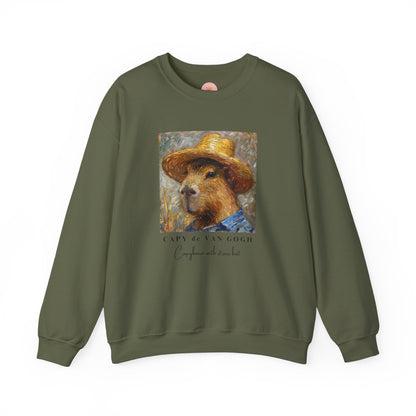 Capy de Van Gogh Capybara sweatshirt features a painting inspired by Van Gogh's Self-Portrait with Straw Hat. It's a fun twist for capybara lovers and art enthusiasts, giving off a whimsical and artistic vibe. Perfect for those who appreciate unique and creative designs, this sweatshirt is relevant for art lovers, animal enthusiasts, and those looking for a quirky addition to their wardrobe. Ideal for gifting during birthdays, Christmas, or any special occasion.