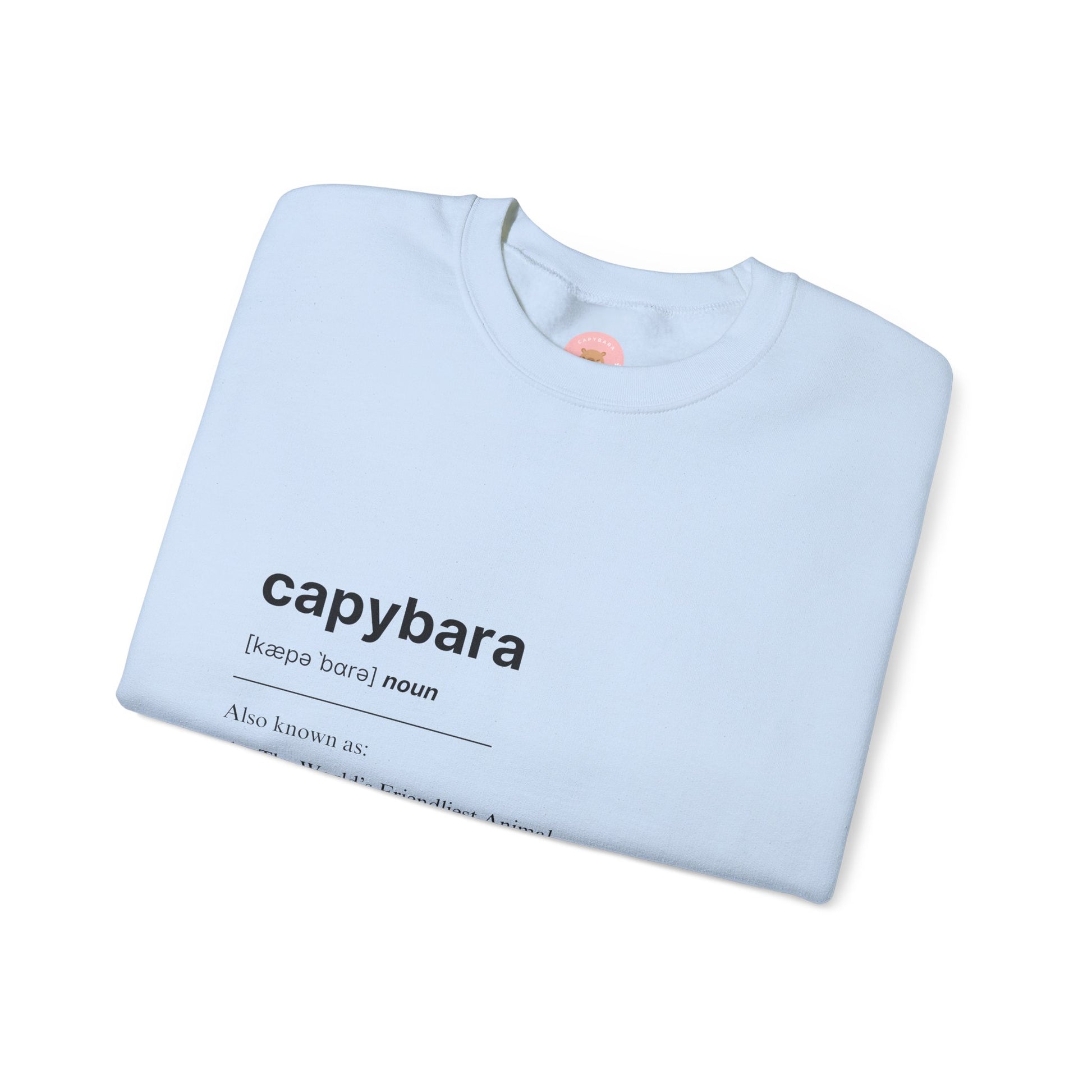 Capybara Definition Sweatshirt - The World's Friendliest Animal.  Ideal for animal lovers, nature enthusiasts, and those who appreciate a touch of whimsy in their style. Perfect for casual outings, lounging at home, or as a thoughtful gift for birthdays, holidays, or any special occasion. 