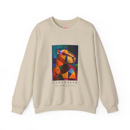 Capycasso Capybara sweatshirt features a painting inspired by Pablo Picasso, with abstract forms and geometric shapes. It adds a funny vibe and is perfect for capybara and art lovers. This cozy sweatshirt is ideal for colder months and offers a comfy wearing experience with top-tier durability.