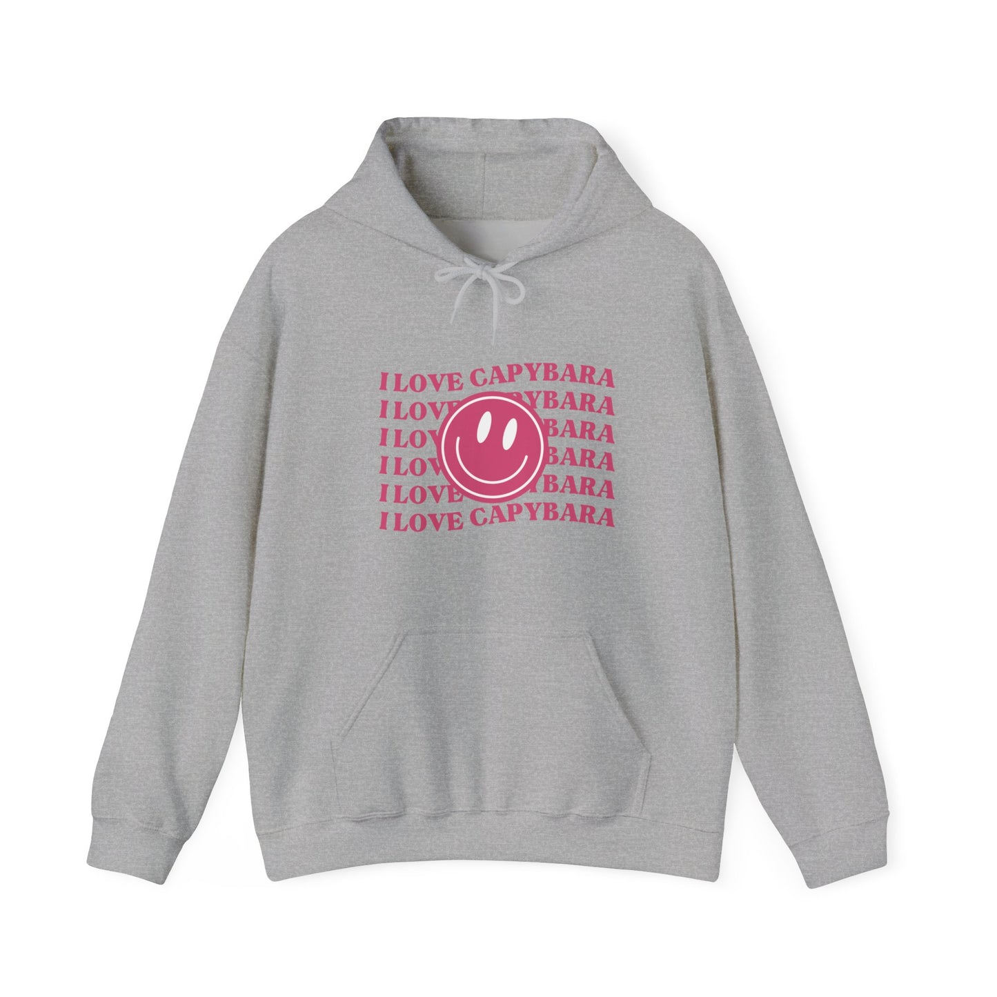 I Love Capybara hooded sweatshirt. This hoodies has a smiley face and is perfect for those who love calm vibes. Soft and comfy, it's an ideal choice for capybara lovers looking for a peaceful, stylish addition to their wardrobe.