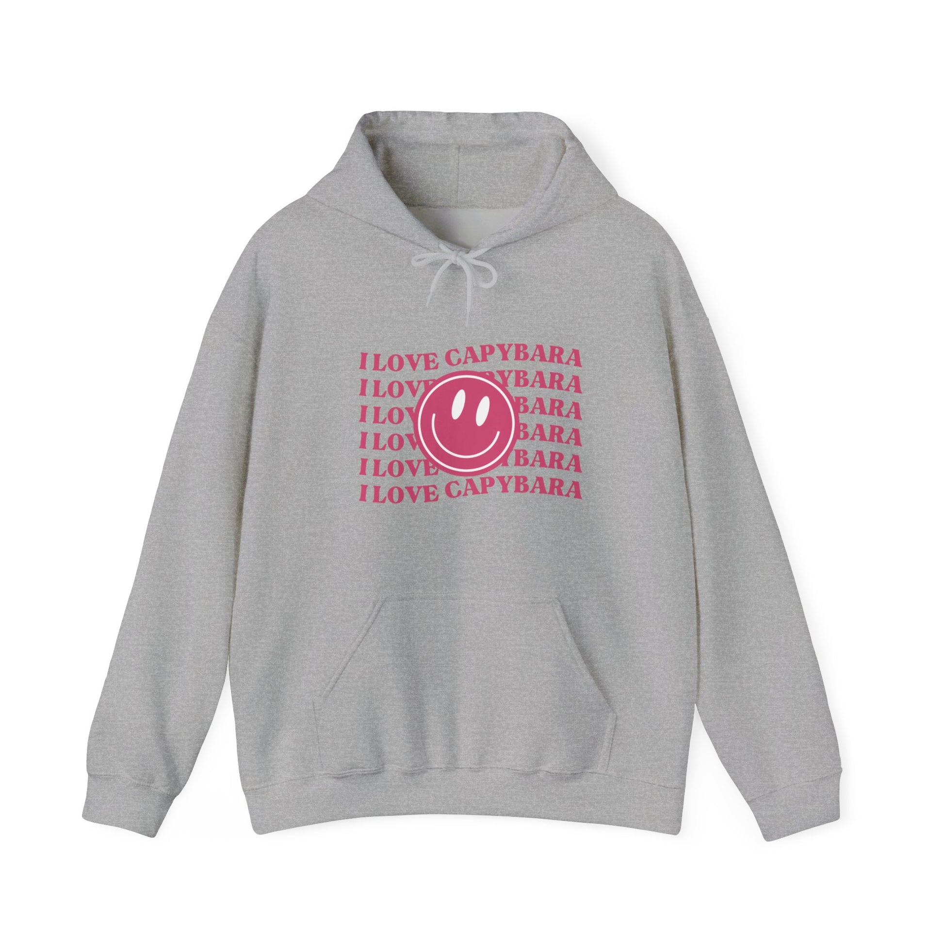 I Love Capybara hooded sweatshirt. This hoodies has a smiley face and is perfect for those who love calm vibes. Soft and comfy, it's an ideal choice for capybara lovers looking for a peaceful, stylish addition to their wardrobe.