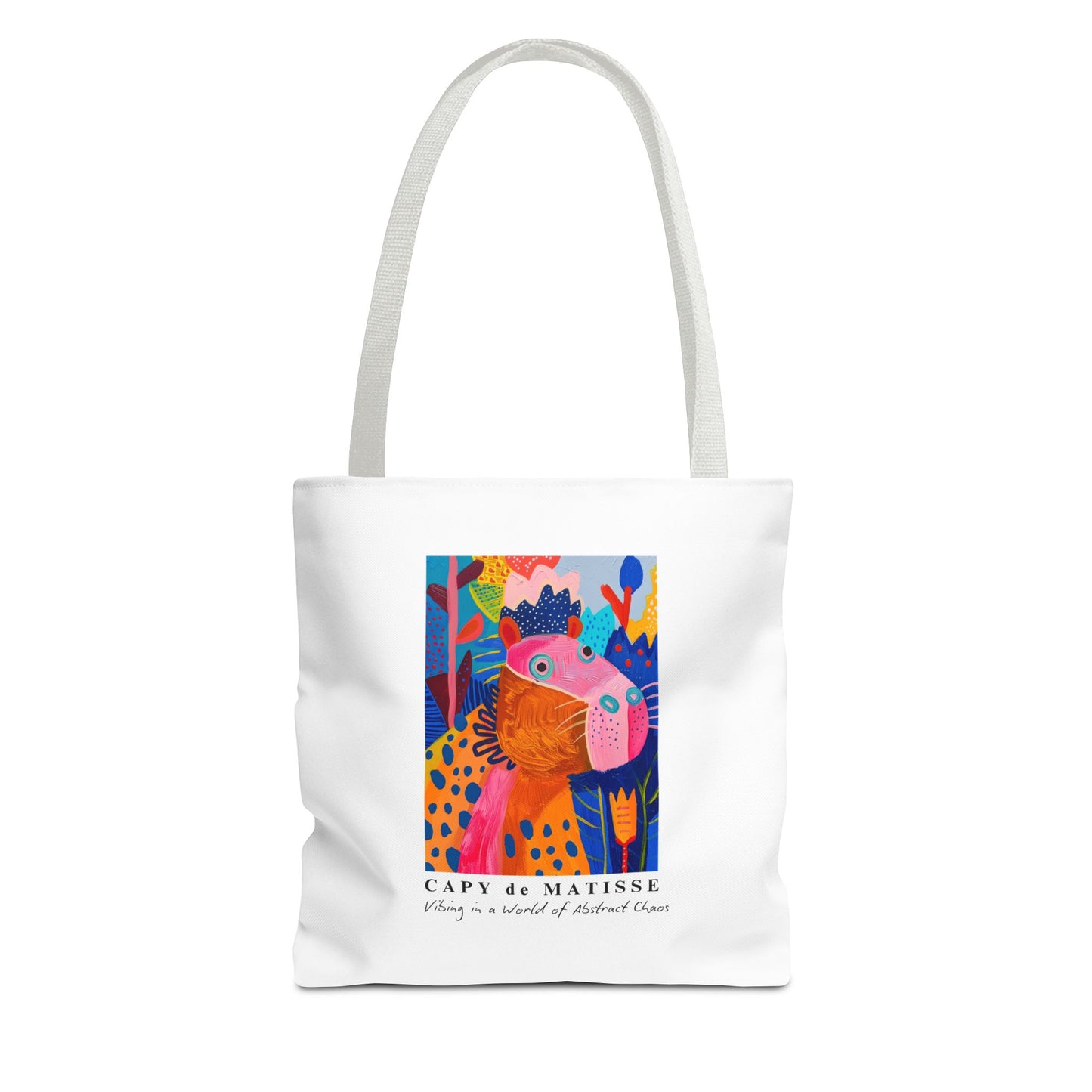 Capybara tote bag featuring a graphic of a painting inspired by artist Henri Matisse, with a hidden capybara. Perfect for art lovers and capybara enthusiasts, this tote bag adds a touch of artistic flair to your everyday errands. Great for carrying books, groceries, or daily essentials. Ideal for art enthusiasts, animal lovers, and those looking to add a pop of creativity to their style. Perfect for gifting on birthdays, holidays, or as a treat for yourself.