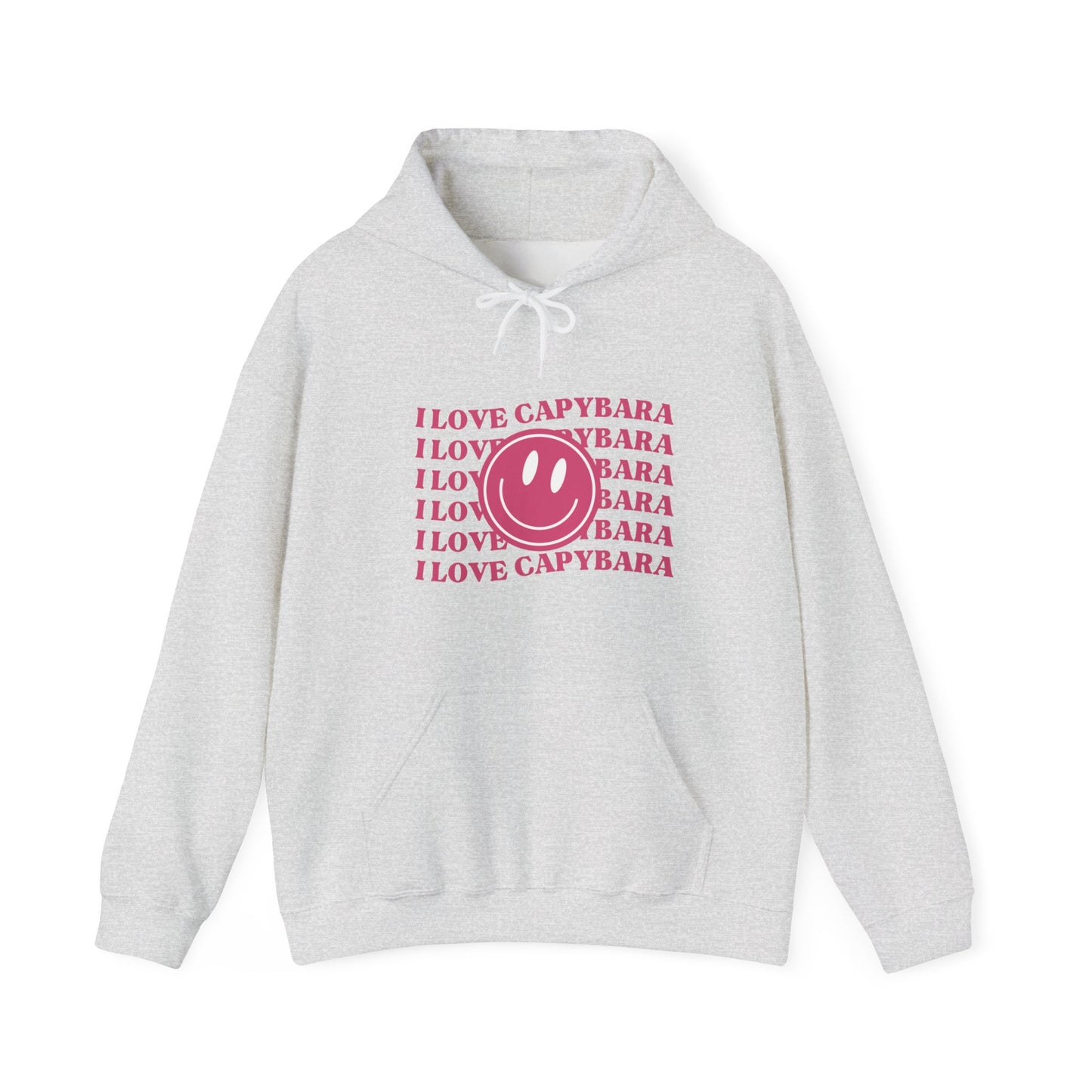 I Love Capybara hooded sweatshirt. This hoodies has a smiley face and is perfect for those who love calm vibes. Soft and comfy, it's an ideal choice for capybara lovers looking for a peaceful, stylish addition to their wardrobe.