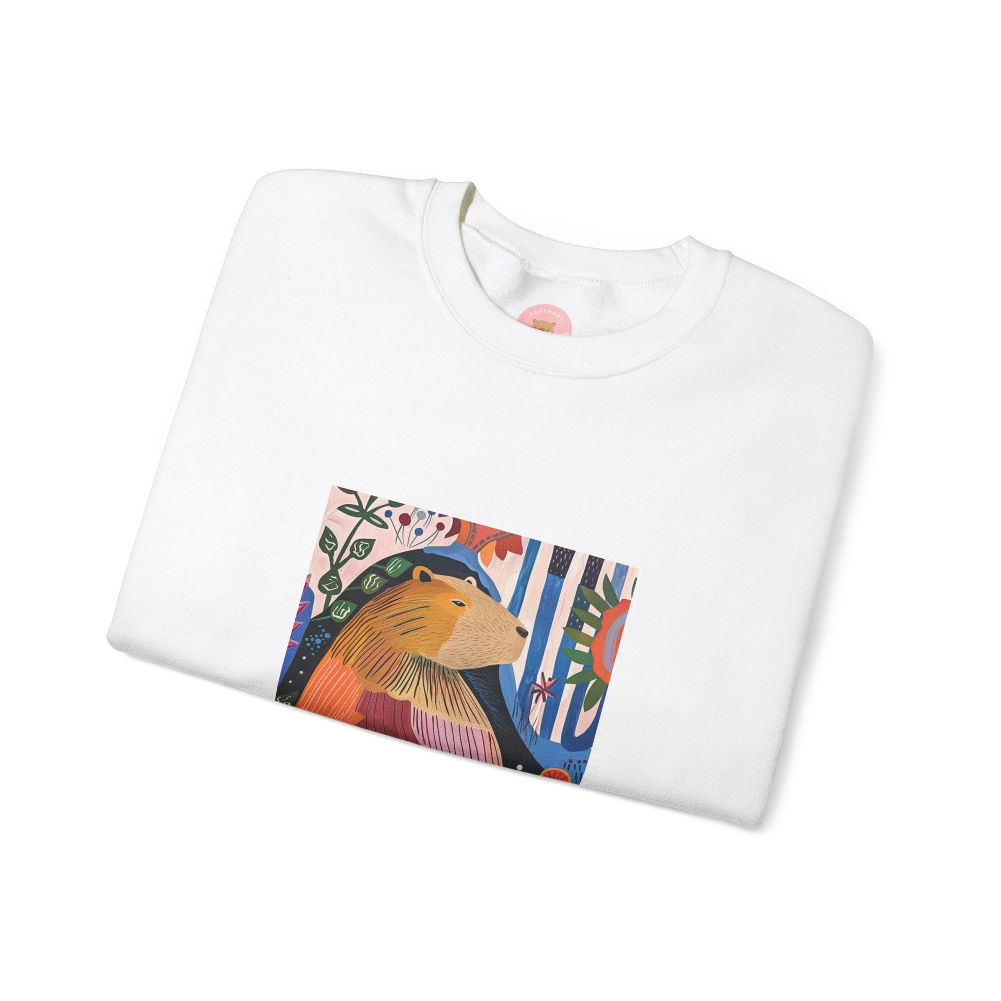 A cozy and stylish sweatshirt featuring a graphic of a painting inspired by artist Henri Matisse, with a capybara hidden within. Perfect for art lovers and capybara enthusiasts, this sweatshirt is ideal for colder months and provides a comfy fit with its classic crew neckline. Great for anyone looking to add a touch of artistic flair to their wardrobe.
