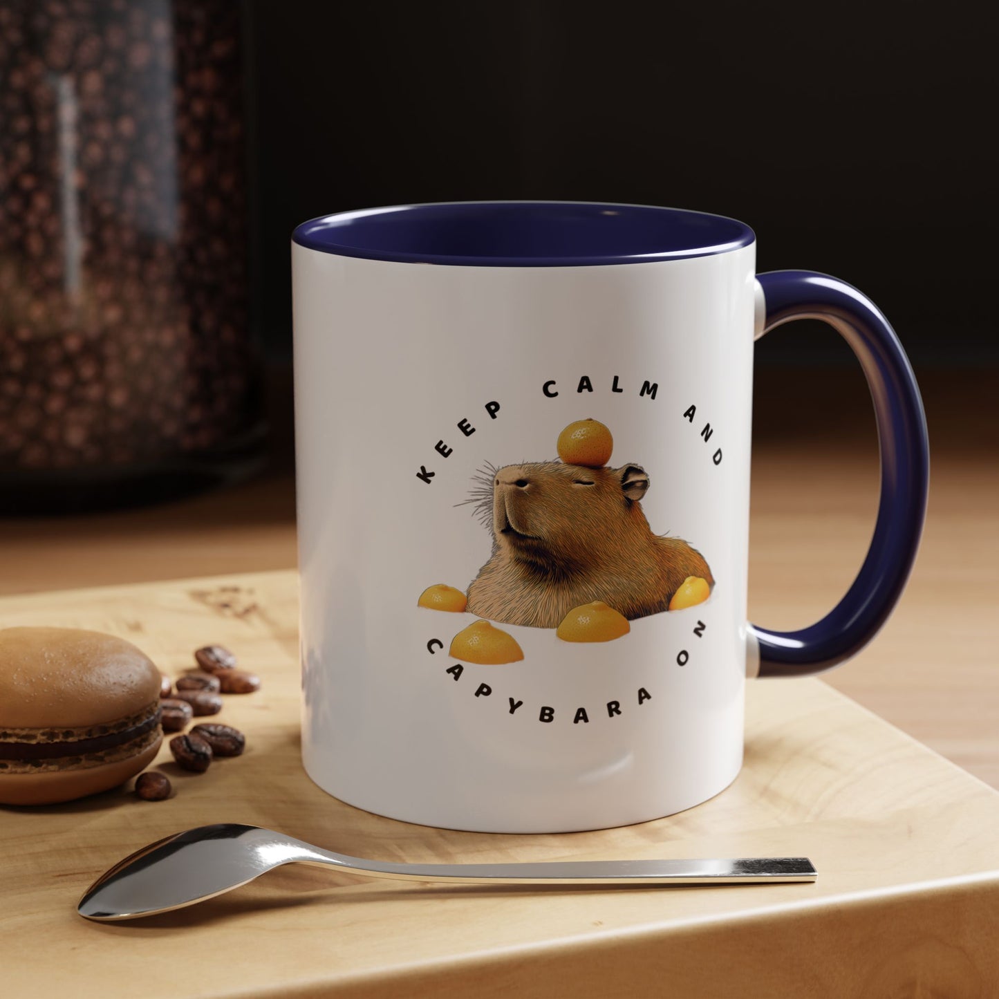 Keep Calm and Capybara On Mug. Featuring a leisurely capybara, this mug is the perfect addition to your coffee or tea routine. Ideal for animal enthusiasts and those looking for a touch of humor in their morning beverage. An excellent gift for Christmas, birthdays, or any special occasion, this mug is made of white ceramic, with a choice of 5 colorful interiors and handles. It also boasts a c-shaped handle, glossy finish, and eye-catching color contrast, while being 