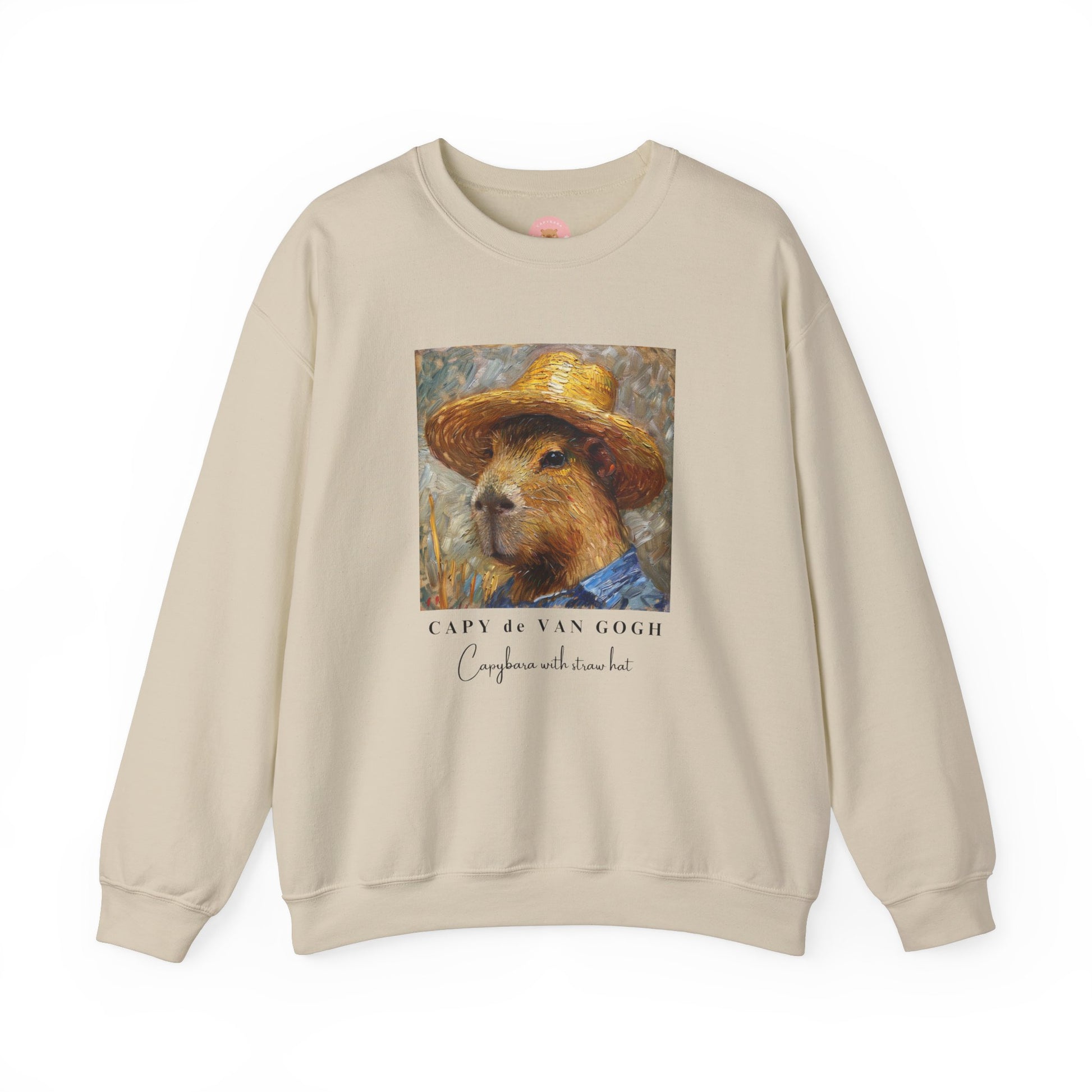 Capy de Van Gogh Capybara sweatshirt features a painting inspired by Van Gogh's Self-Portrait with Straw Hat. It's a fun twist for capybara lovers and art enthusiasts, giving off a whimsical and artistic vibe. Perfect for those who appreciate unique and creative designs, this sweatshirt is relevant for art lovers, animal enthusiasts, and those looking for a quirky addition to their wardrobe. Ideal for gifting during birthdays, Christmas, or any special occasion.