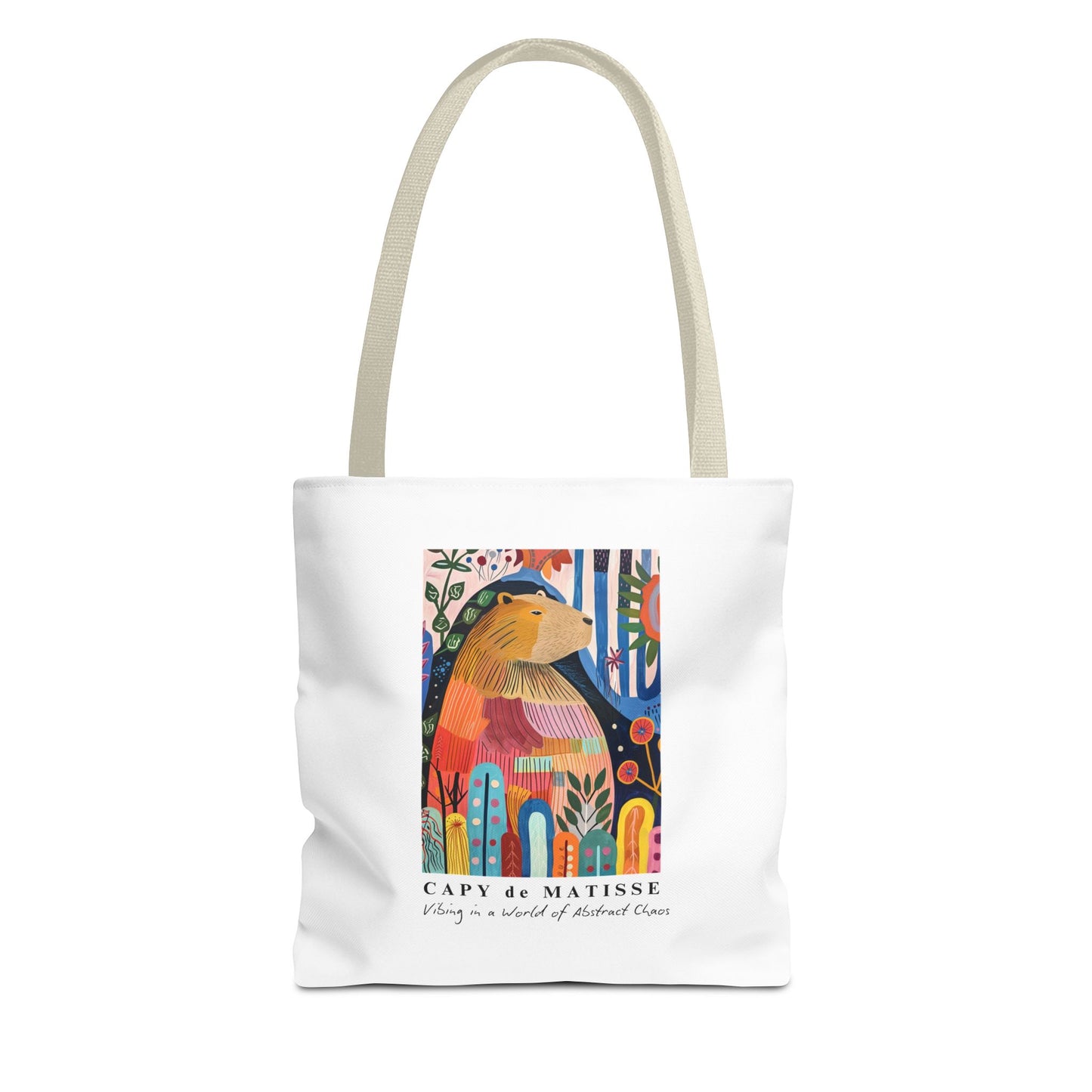 Capybara 13"x13" tote bag featuring a graphic of a painting inspired by artist Henri Matisse, with a hidden capybara. Perfect for art lovers and capybara enthusiasts, this tote bag adds a touch of artistic flair to your everyday errands. Great for carrying books, groceries, or daily essentials. Ideal for art enthusiasts, animal lovers, and those looking to add a pop of creativity to their style. Perfect for gifting on birthdays, holidays, or as a treat for yourself.