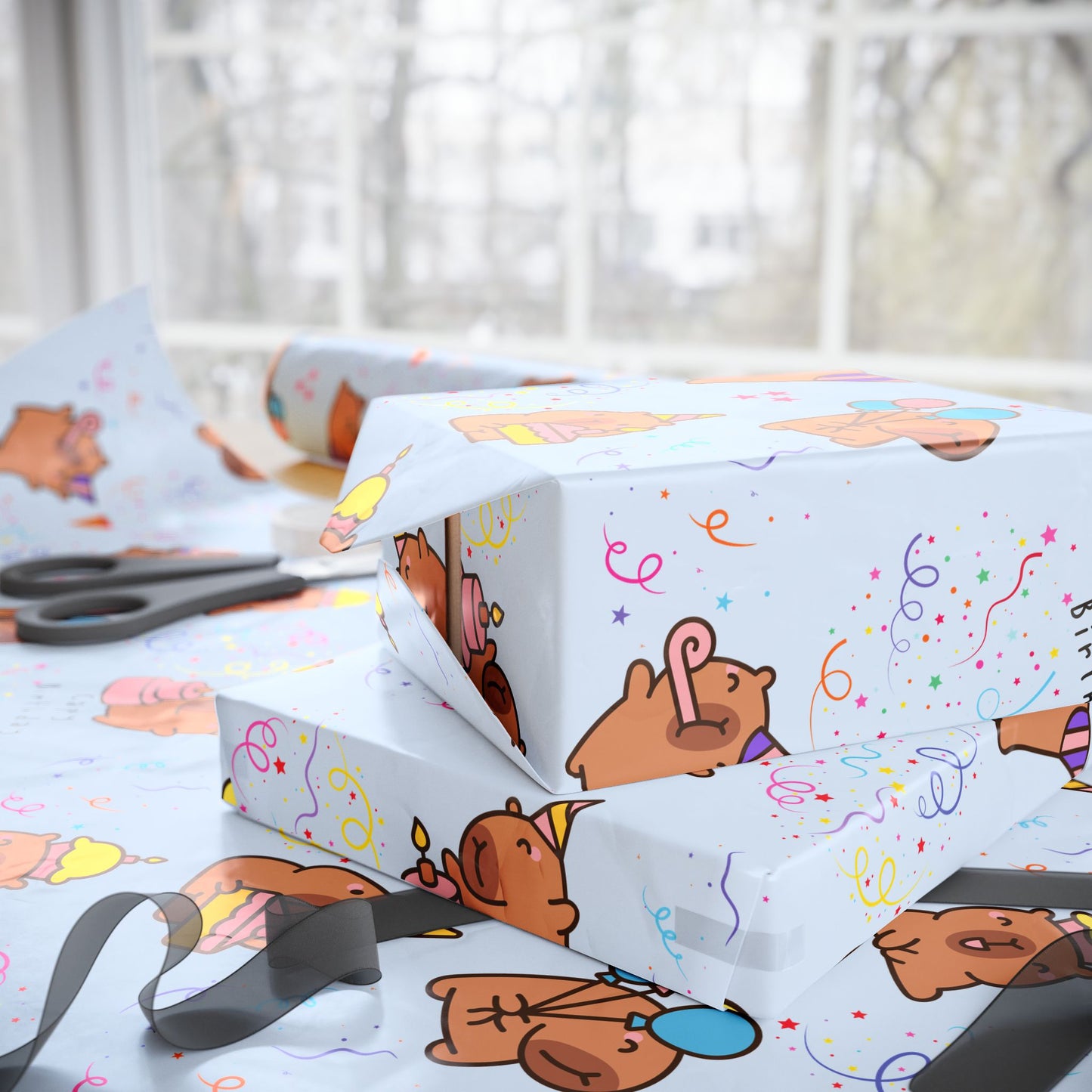 Capybara Birthday Gift Wrapping Paper (Light Blue)