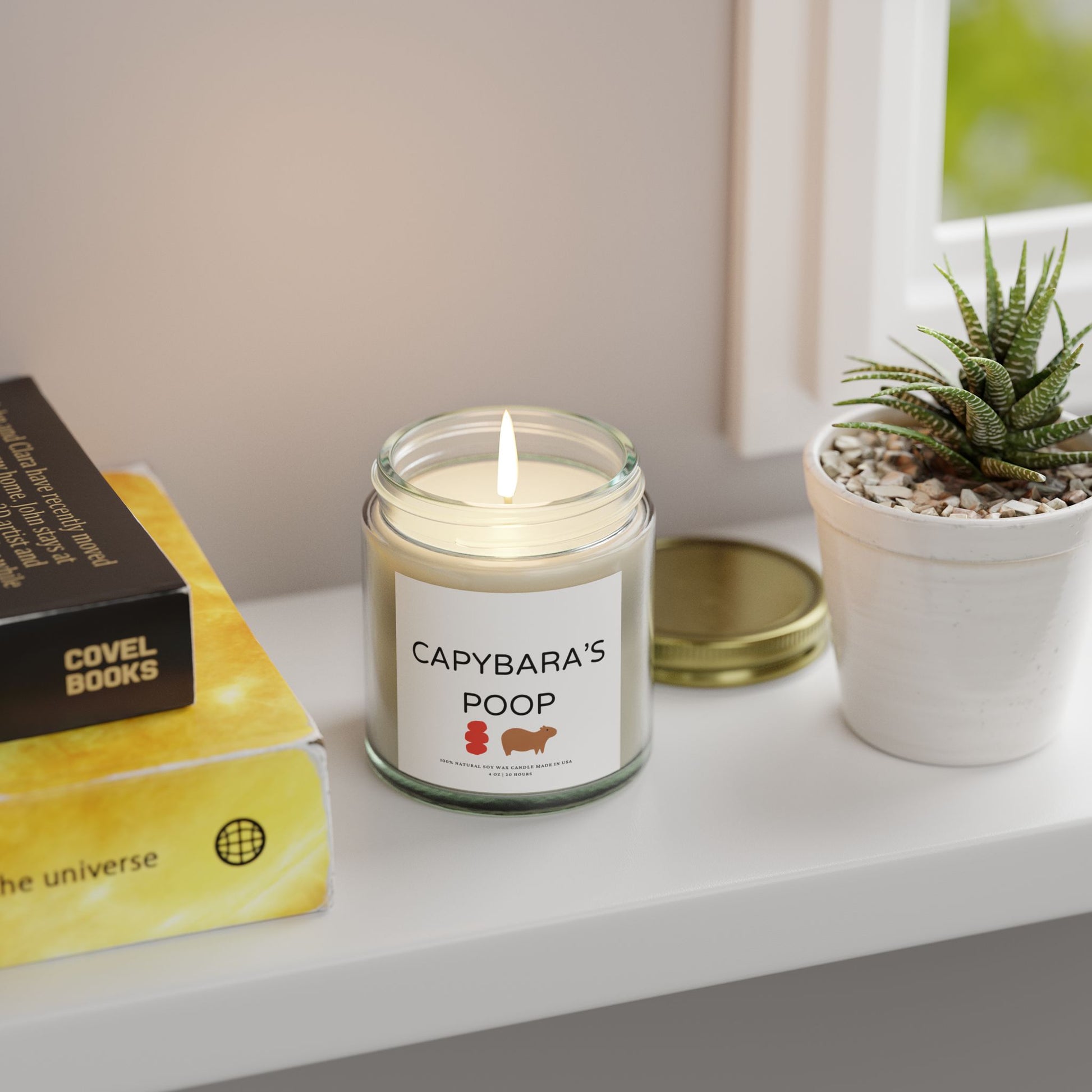 Funny candle gift with CAPYBARAS POOP label in simple style. Each candle is scented with Midnight Blackberry, Lavender, Fraser Fir, Cinnamon Chai, Cashmere Musk, Beachwood, Mango Coconut, and Vanilla Bean fragrances, offering up to 20 hours of burn time. Made with natural Coconut Apricot Wax in the USA, eco-friendly and non-toxic.