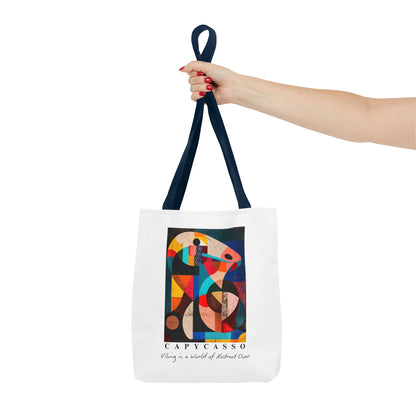 Capybara tote bag featuring a painting inspired by Pablo Picasso, with abstract forms and geometric shapes. 5 handle colours. Perfect for art lovers and capybara enthusiasts, this tote bag adds a touch of artistic flair to your everyday errands. Great for carrying books, groceries, or daily essentials. Ideal for art enthusiasts, animal lovers, and those looking to add a pop of creativity to their style. Perfect for gifting on birthdays, holidays, or as a treat for yourself.