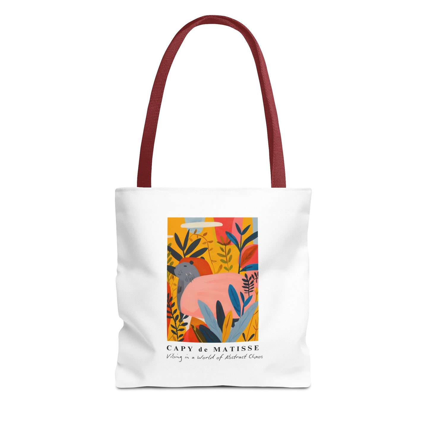 Capybara tote bag featuring a graphic of a painting inspired by artist Henri Matisse. Perfect for art lovers and capybara enthusiasts, this tote bag adds a touch of artistic flair to your everyday errands. Great for carrying books, groceries, or daily essentials. Ideal for art enthusiasts, animal lovers, and those looking to add a pop of creativity to their style. Perfect for gifting on birthdays, holidays, or as a treat for yourself.