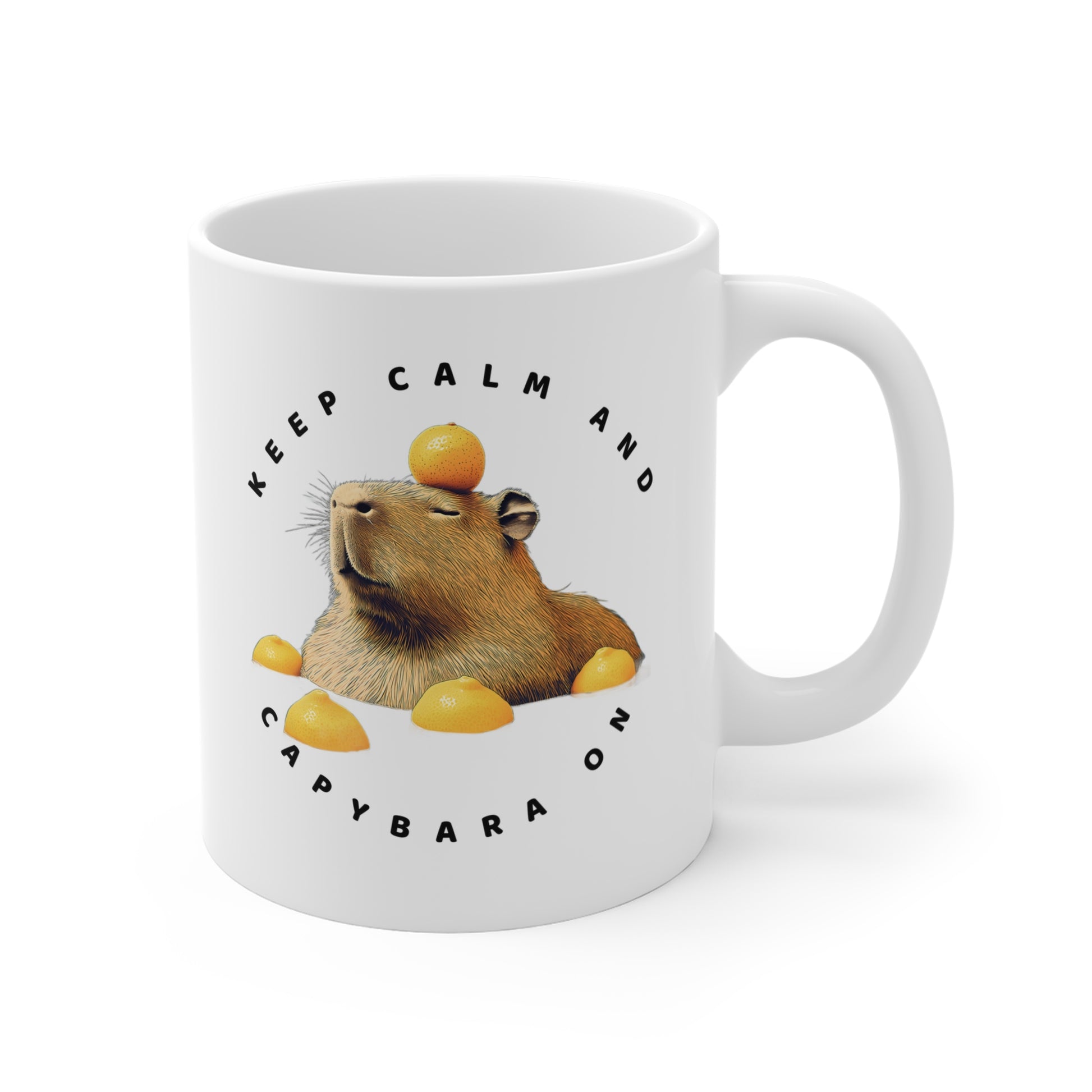 Keep Calm and Capybara On Mug. Featuring a leisurely capybara, this mug is the perfect addition to your coffee or tea routine. Ideal for animal enthusiasts and those looking for a touch of humor in their morning beverage. An excellent gift for Christmas, birthdays, or any special occasion, this mug is made of white ceramic. It also has a c-shaped handle, glossy finish.