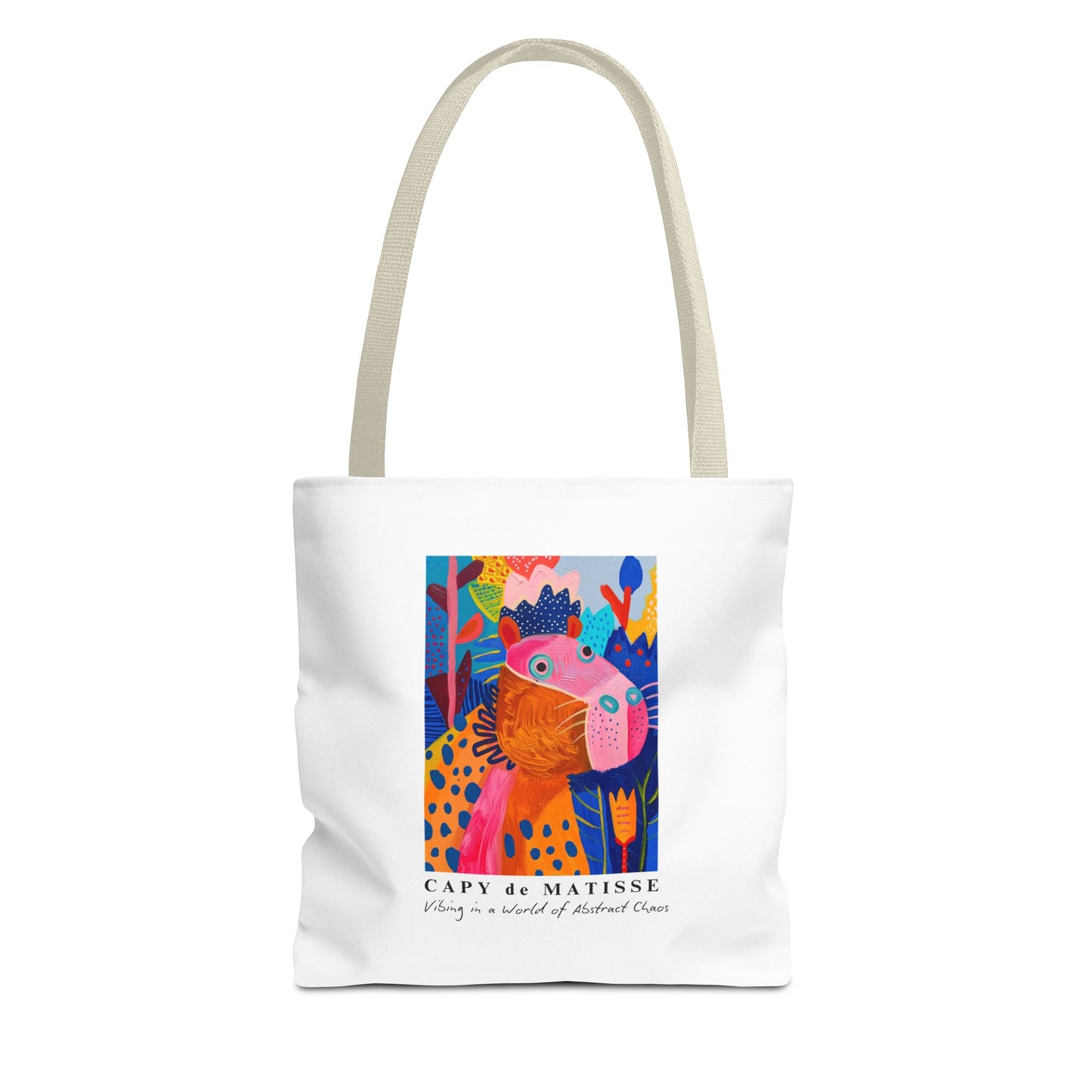 Capybara tote bag featuring a graphic of a painting inspired by artist Henri Matisse, with a hidden capybara. Perfect for art lovers and capybara enthusiasts, this tote bag adds a touch of artistic flair to your everyday errands. Great for carrying books, groceries, or daily essentials. Ideal for art enthusiasts, animal lovers, and those looking to add a pop of creativity to their style. Perfect for gifting on birthdays, holidays, or as a treat for yourself.