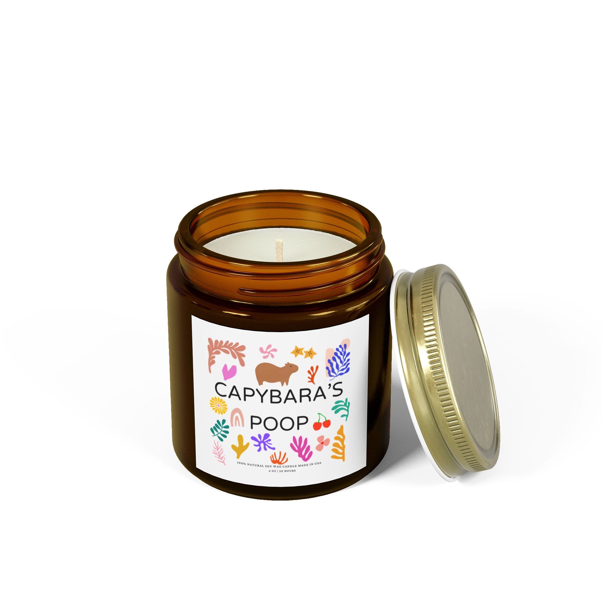 Funny candle gift with CAPYBARAS POOP label in Matisse style. Each candle is scented with Midnight Blackberry, Lavender, Fraser Fir, Cinnamon Chai, Cashmere Musk, Beachwood, Mango Coconut, and Vanilla Bean fragrances, offering up to 20 hours of burn time. Made with natural Coconut Apricot Wax in the USA, eco-friendly and non-toxic.