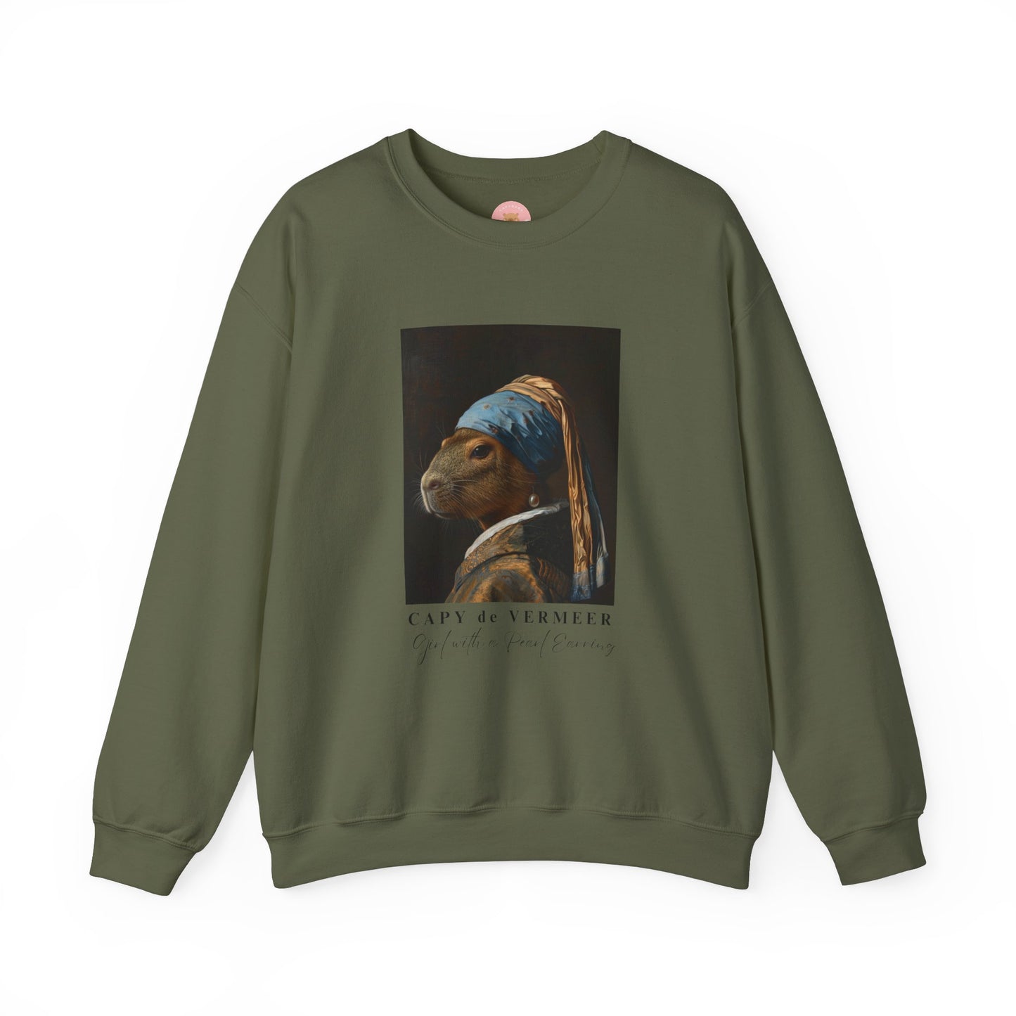 Capy de Vermeer Capybara sweatshirt features a painting inspired by VERMEER's famous painting - A Girl With A Pearl Earring. It's a fun twist for capybara lovers and art enthusiasts, giving off a whimsical and artistic vibe. Perfect for those who appreciate unique and creative designs, this sweatshirt is relevant for art lovers, animal enthusiasts, and those looking for a quirky addition to their wardrobe. Ideal for gifting during birthdays, Christmas, or any special occasion.