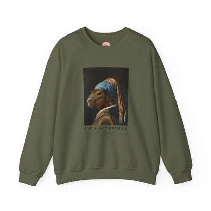 Capy de Vermeer Capybara sweatshirt features a painting inspired by VERMEER's famous painting - A Girl With A Pearl Earring. It's a fun twist for capybara lovers and art enthusiasts, giving off a whimsical and artistic vibe. Perfect for those who appreciate unique and creative designs, this sweatshirt is relevant for art lovers, animal enthusiasts, and those looking for a quirky addition to their wardrobe. Ideal for gifting during birthdays, Christmas, or any special occasion.