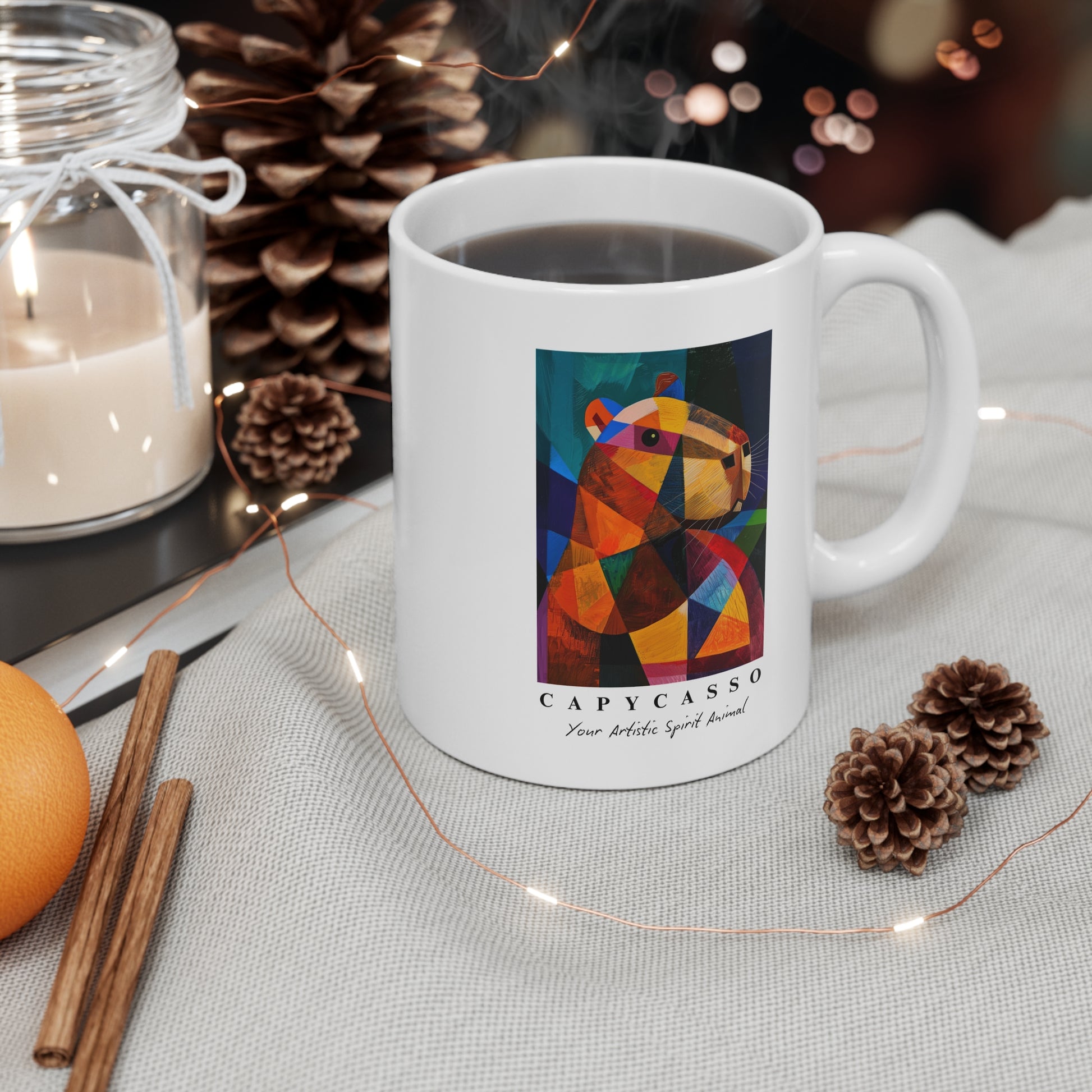 Capybara ceramic mug featuring a painting inspired by Pablo Picasso, with abstract forms and geometric shapes. Perfect for art lovers and capybara enthusiasts, creating a vibe of abstract chaos. Ideal for cozy mornings or artistic tea breaks. Relevant for art enthusiasts, animal lovers, and those who appreciate unique designs. Perfect for gifting on birthdays, Christmas, or as a thank you present.