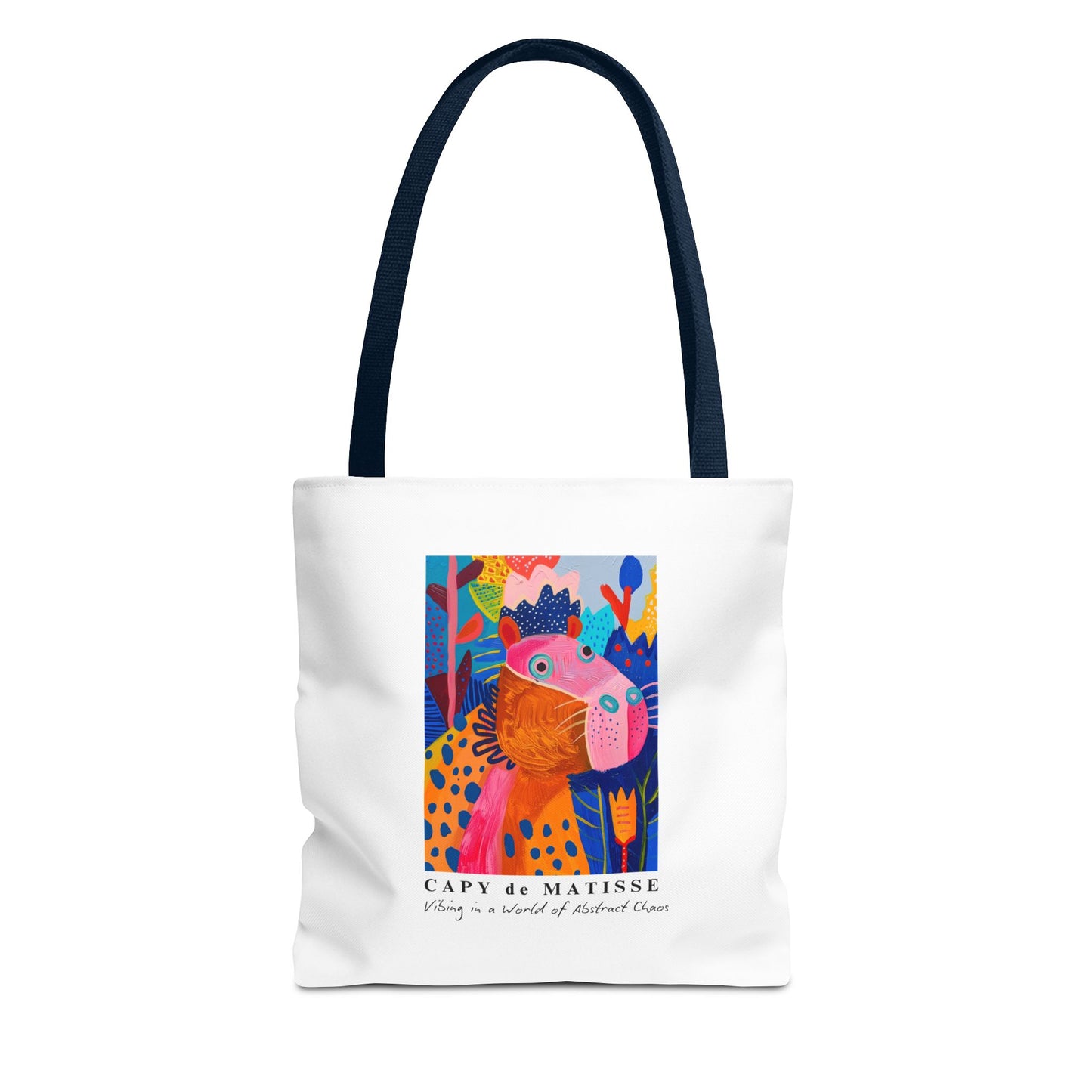 Capybara tote bag featuring a graphic of a painting inspired by artist Henri Matisse, with a hidden capybara. Perfect for art lovers and capybara enthusiasts, this tote bag adds a touch of artistic flair to your everyday errands. Great for carrying books, groceries, or daily essentials. Ideal for art enthusiasts, animal lovers, and those looking to add a pop of creativity to their style. Perfect for gifting on birthdays, holidays, or as a treat for yourself.