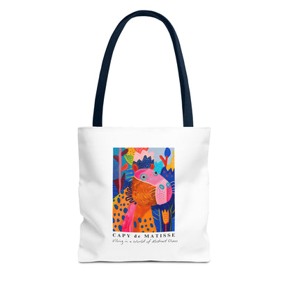 Capybara tote bag featuring a graphic of a painting inspired by artist Henri Matisse, with a hidden capybara. Perfect for art lovers and capybara enthusiasts, this tote bag adds a touch of artistic flair to your everyday errands. Great for carrying books, groceries, or daily essentials. Ideal for art enthusiasts, animal lovers, and those looking to add a pop of creativity to their style. Perfect for gifting on birthdays, holidays, or as a treat for yourself.