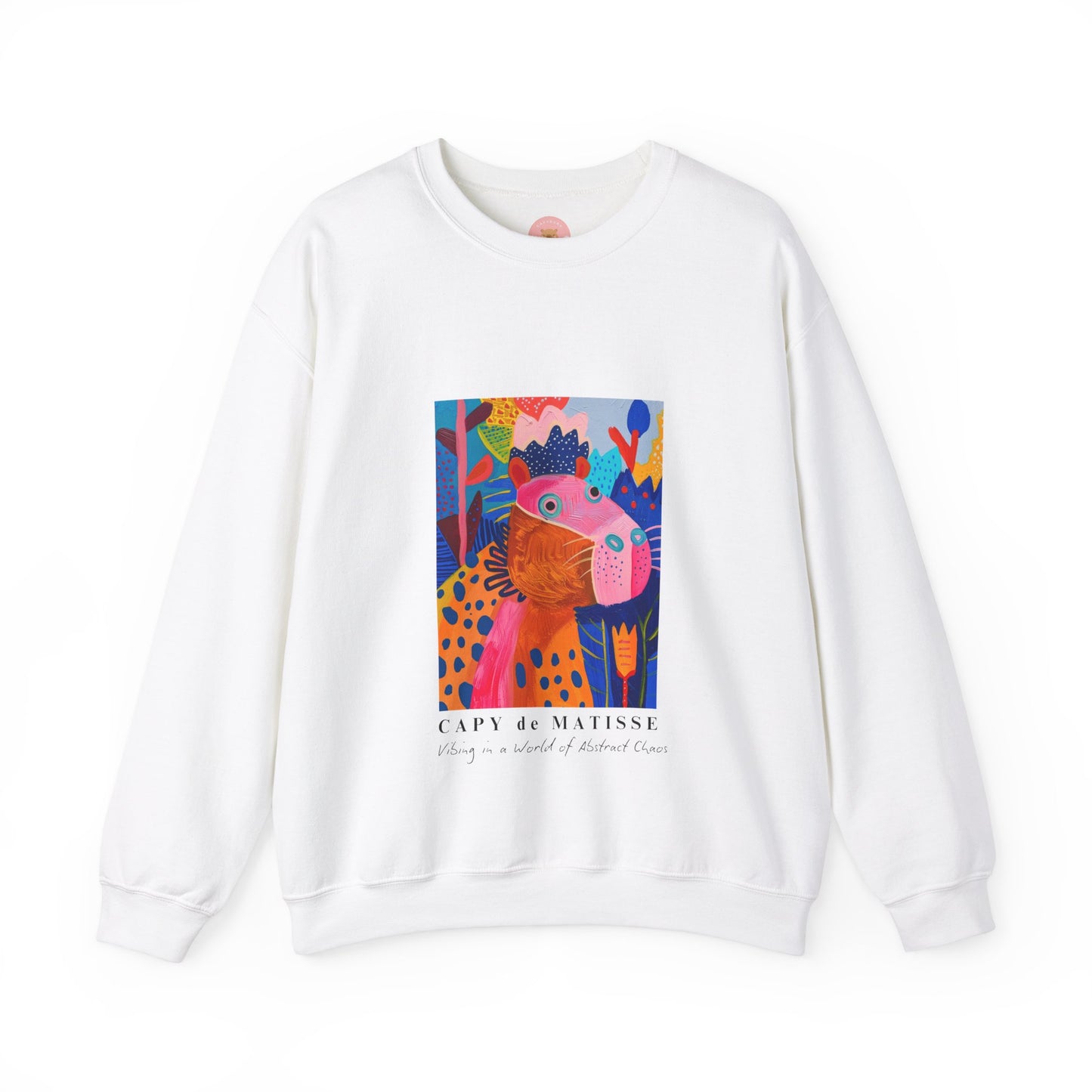 Capybara sweatshirt features a painting inspired by Henri Matisse with a silly capybara embedded inside, perfect for capybara lovers and art enthusiasts. It offers a cozy and comfortable fit, making it ideal for colder months. The medium-heavy fabric blend of cotton and polyester ensures durability and warmth. Great for snuggling up at home or showcasing your unique style.