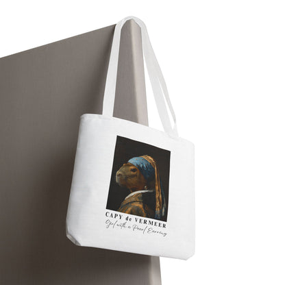Capybara Tote Bag – Capy de Vermeer Girl with a Pearl Earring Parody – Funny Art Lover Gift, Quirky Canvas Bag